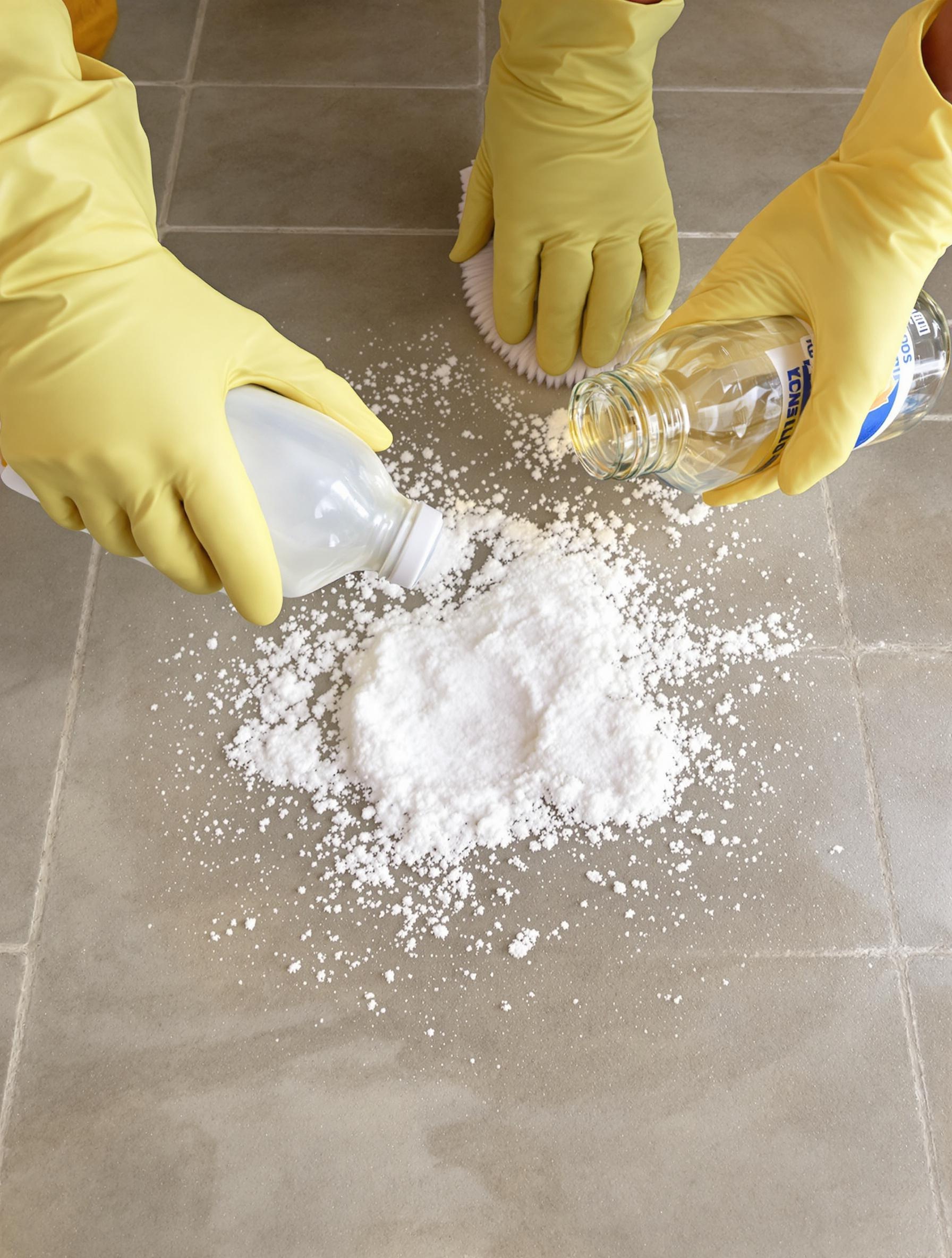 Mains gantées saupoudrant du bicarbonate et versant du vinaigre sur carrelage.