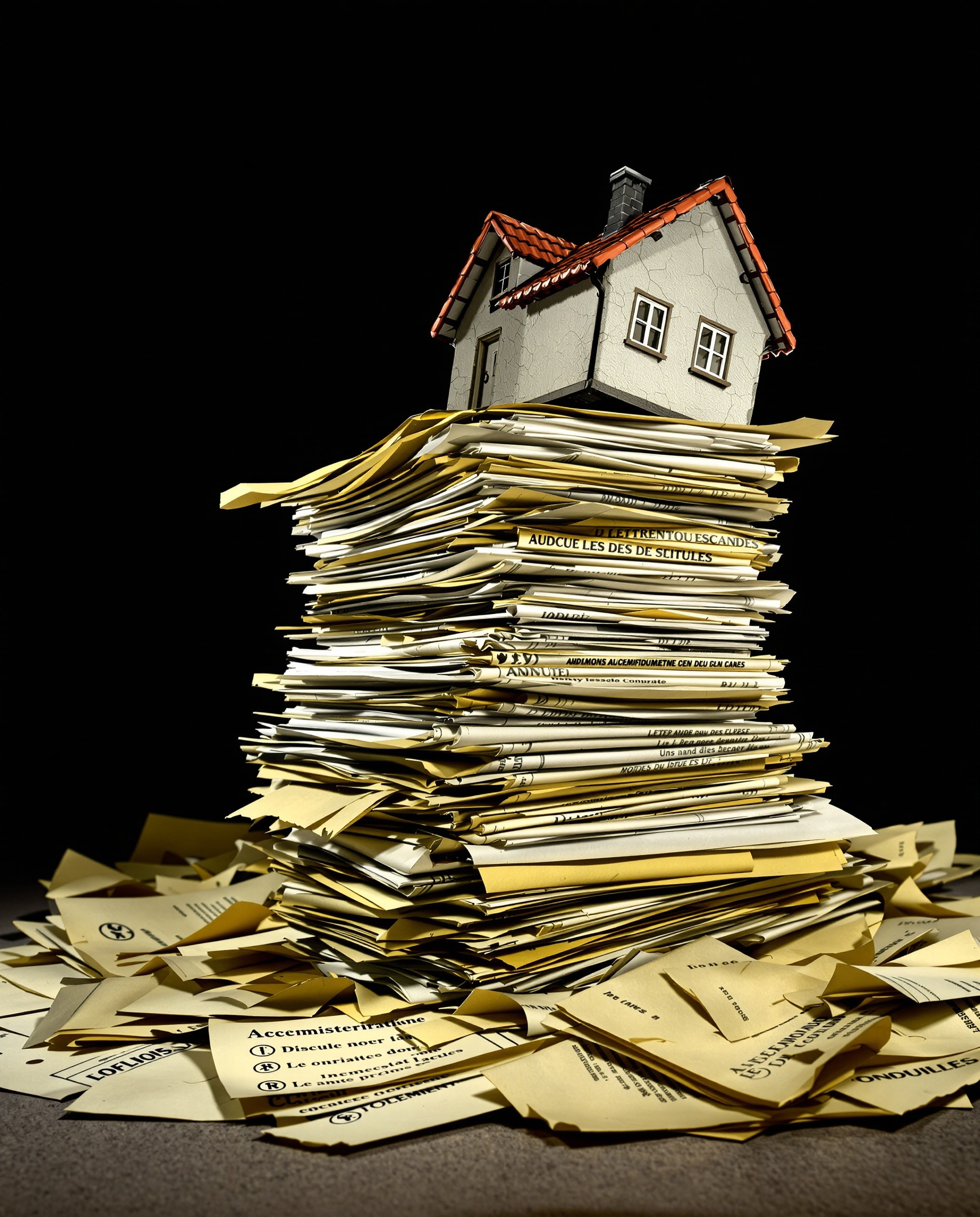 maison instable sur pile de papiers administratifs