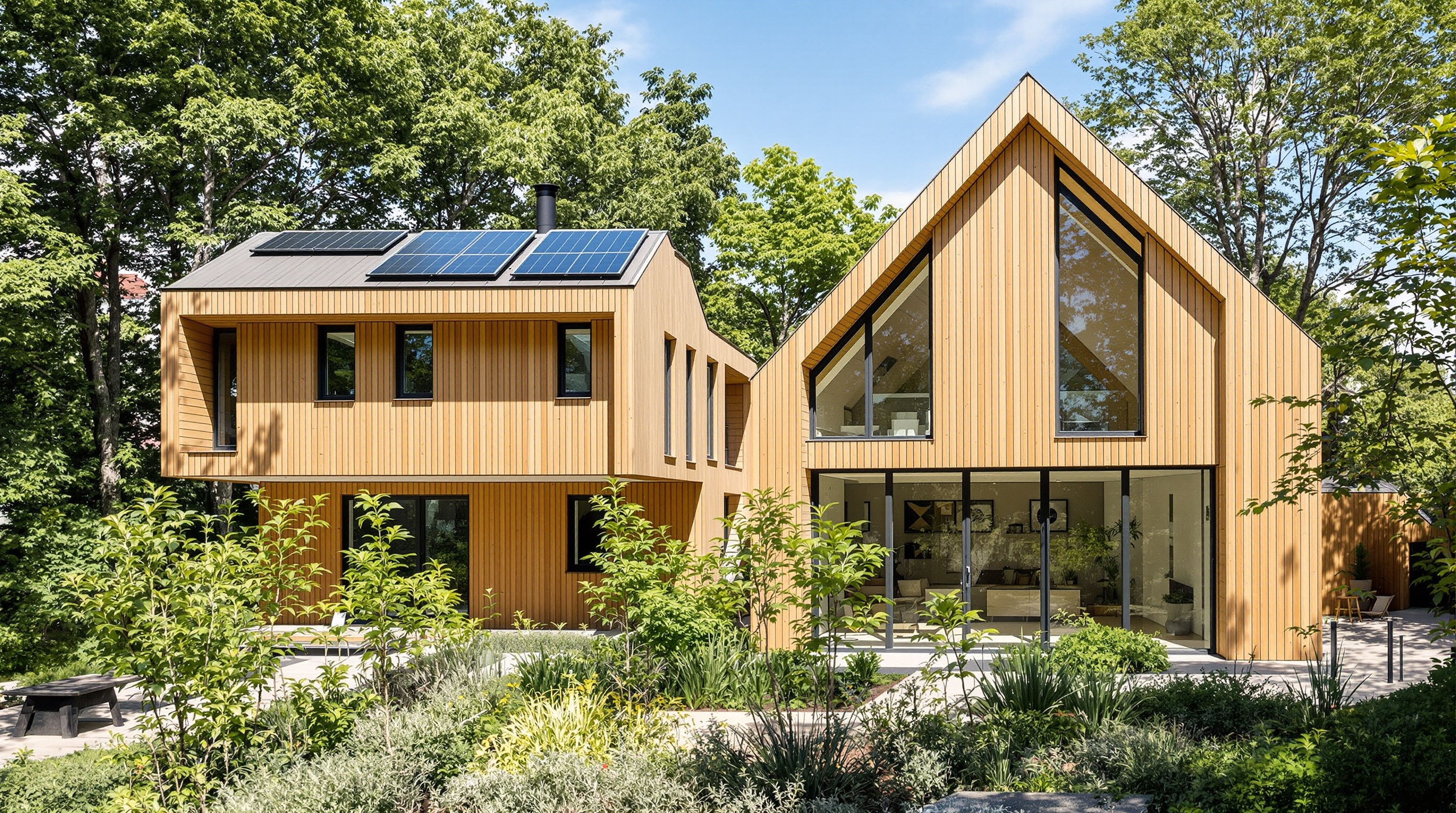 Maisons alternatives et écologiques : une maison à ossature bois contemporaine avec bardage original, à côté d'une maison passive bioclimatique compacte aux grandes baies vitrées, entourées de végétation et d'équipements énergétiques (panneaux solaires, ventilation naturelle visible), ambiance moderne et engagée.