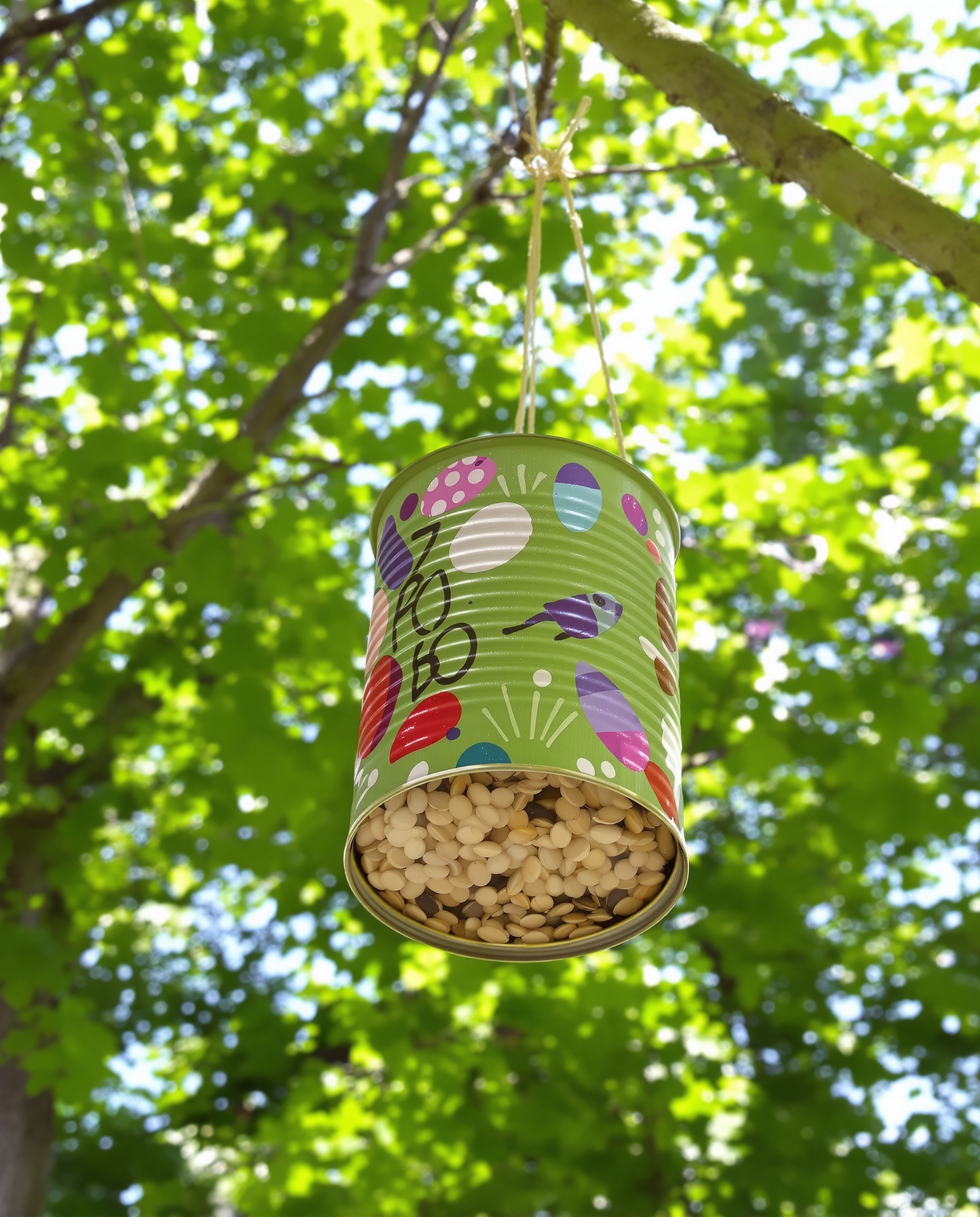Mangeoire pour oiseaux fabriquée avec une boîte de conserve suspendue