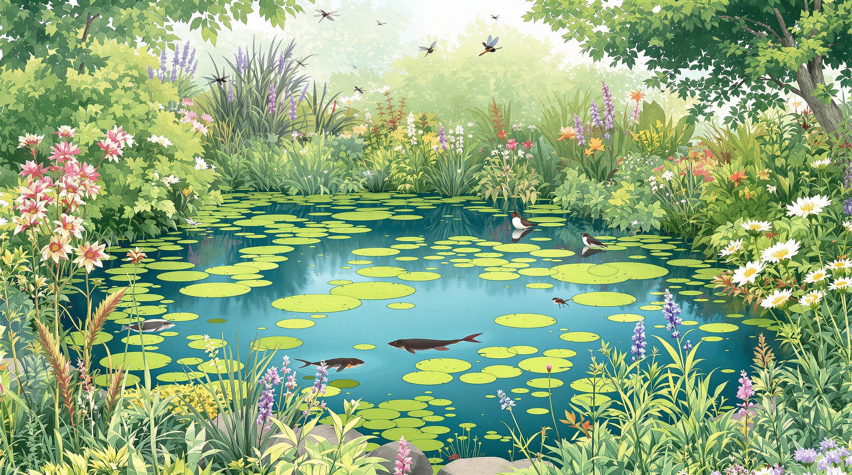 Mare écologique avec pente douce, plantes oxygénantes, triton, libellule et dytique