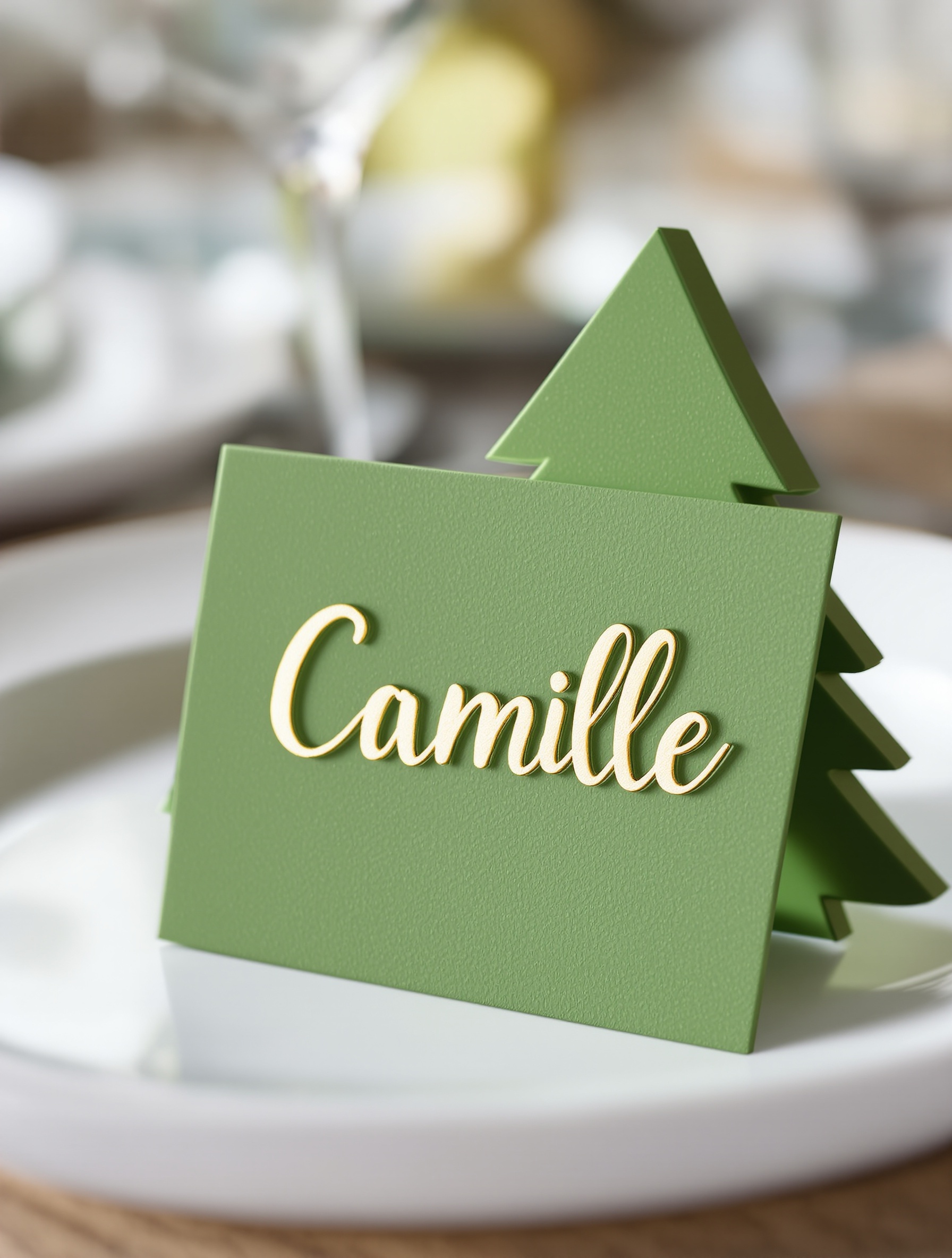 Marque-place en forme de sapin 3D découpé dans du papier cartonné vert avec prénom écrit doré