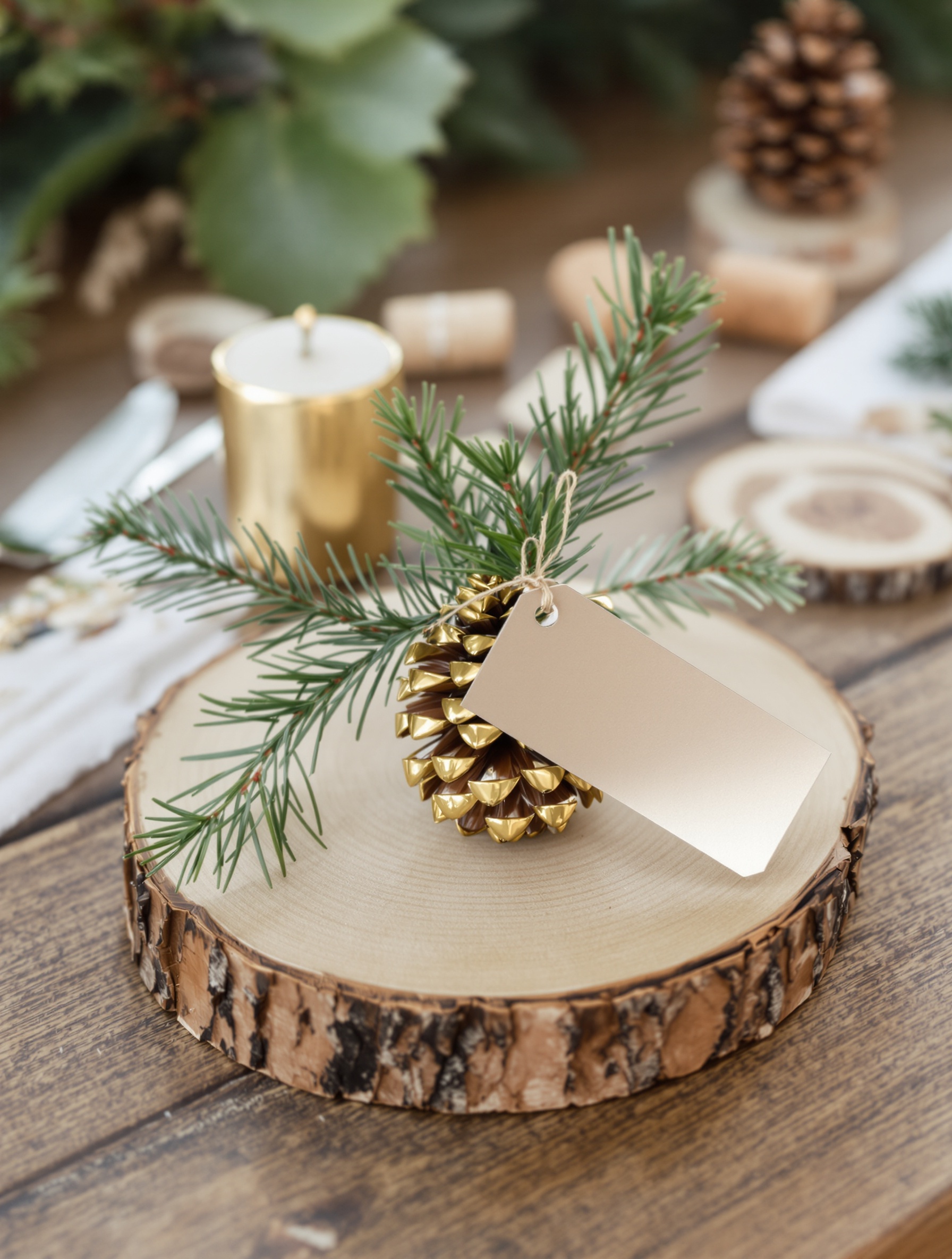 marque-place Noël DIY naturel pomme de pin branche sapin bouchon liège royal tiss