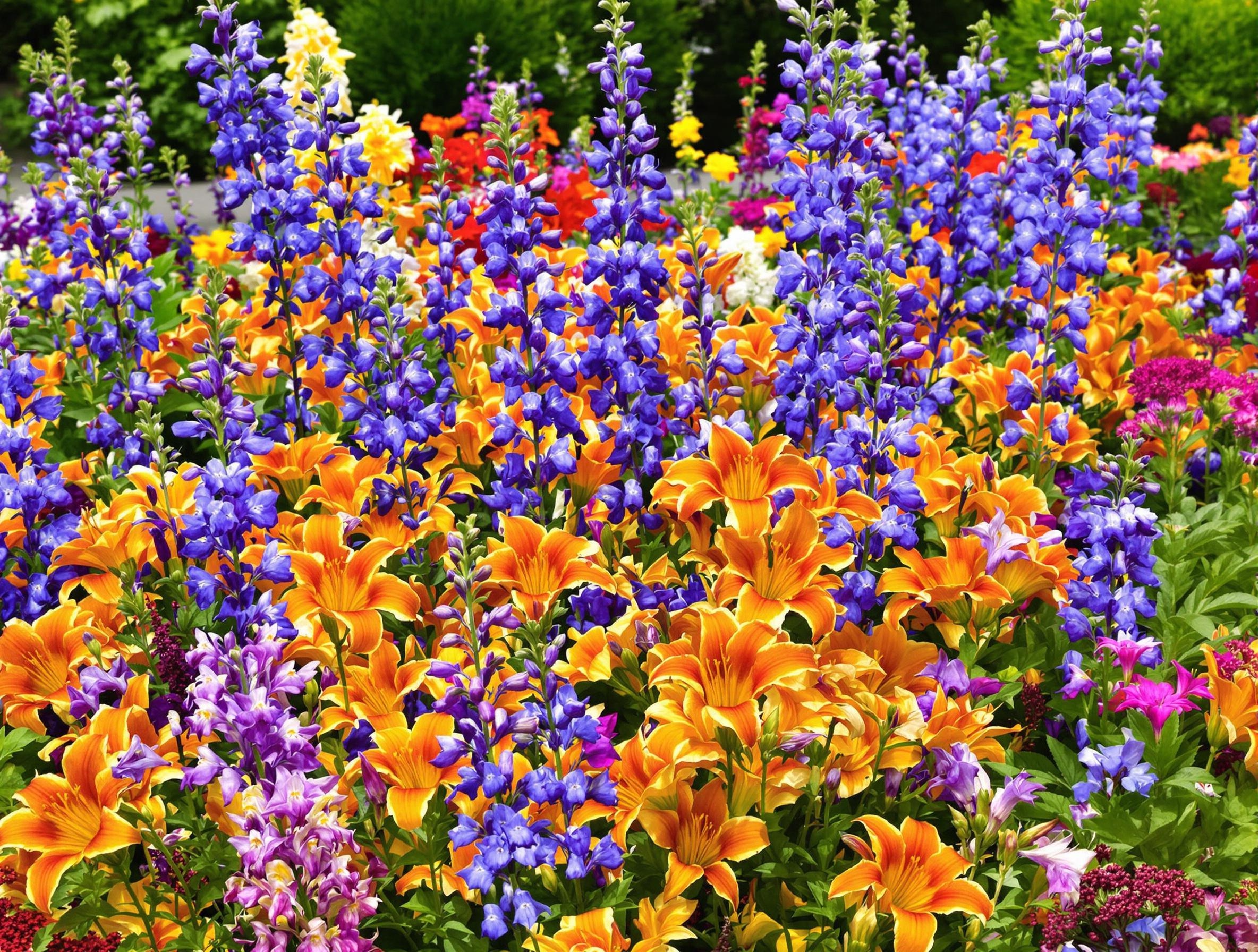 Massif harmonieux combinant Hémérocalle fauve, mauves sylvestres, delphiniums bleus et autres vivaces en pleine floraison estivale.
