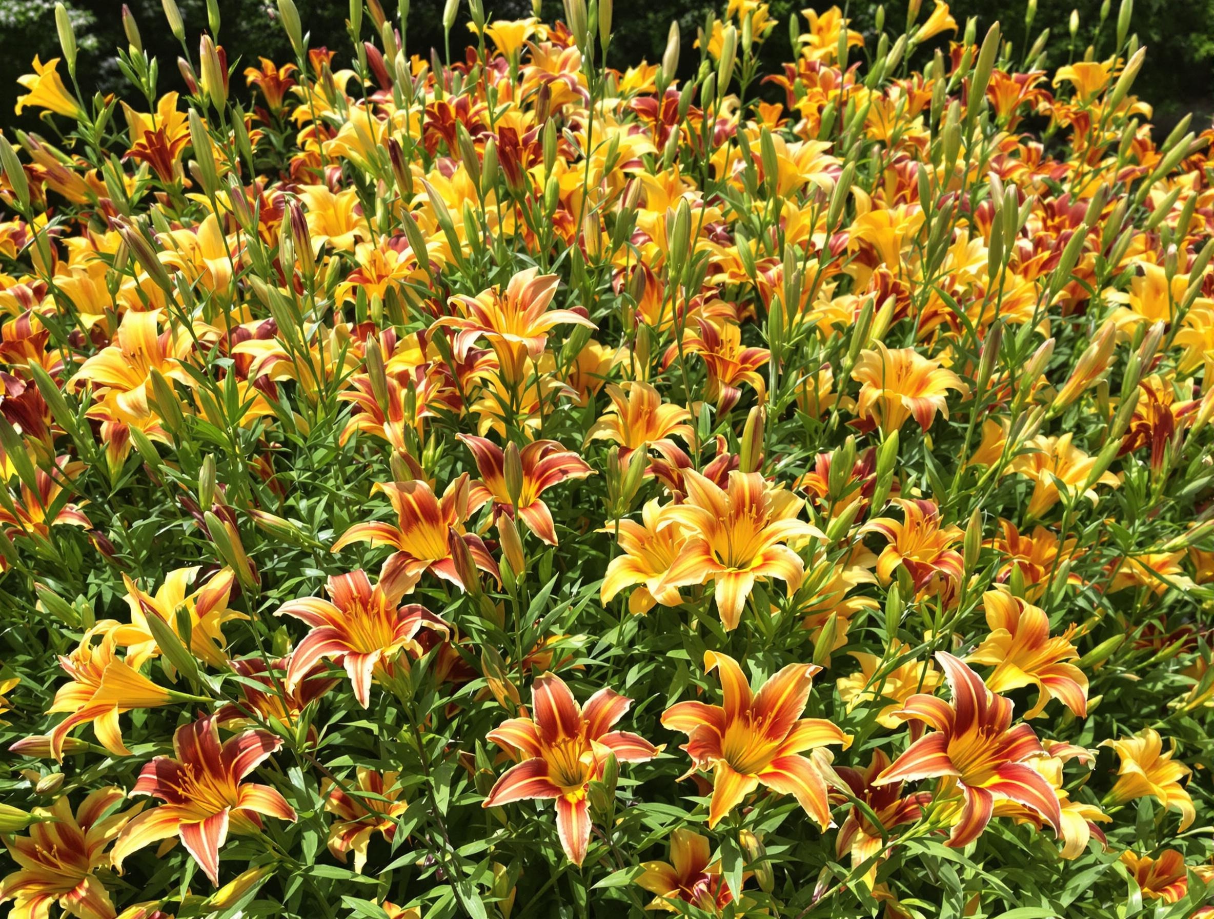 Massif d’hémérocalles fauves en pleine floraison, ajoutant des touches de couleur vibrantes à un jardin naturel.