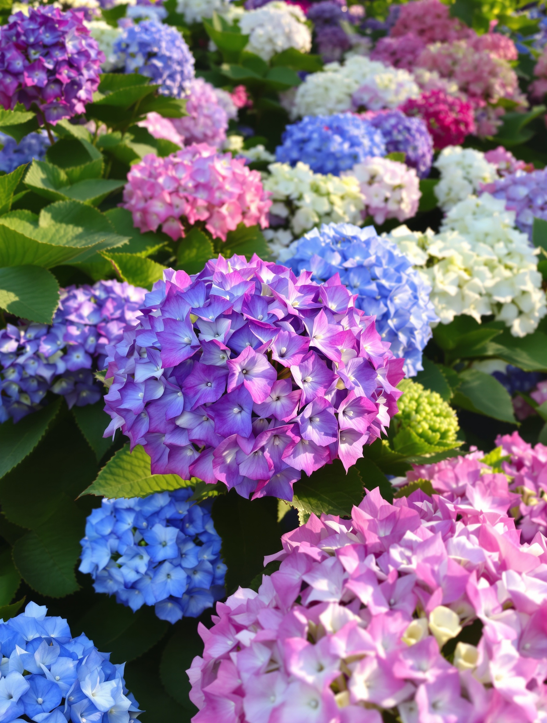 Massif d’hortensias en floraison de juin à octobre, inflorescences colorées