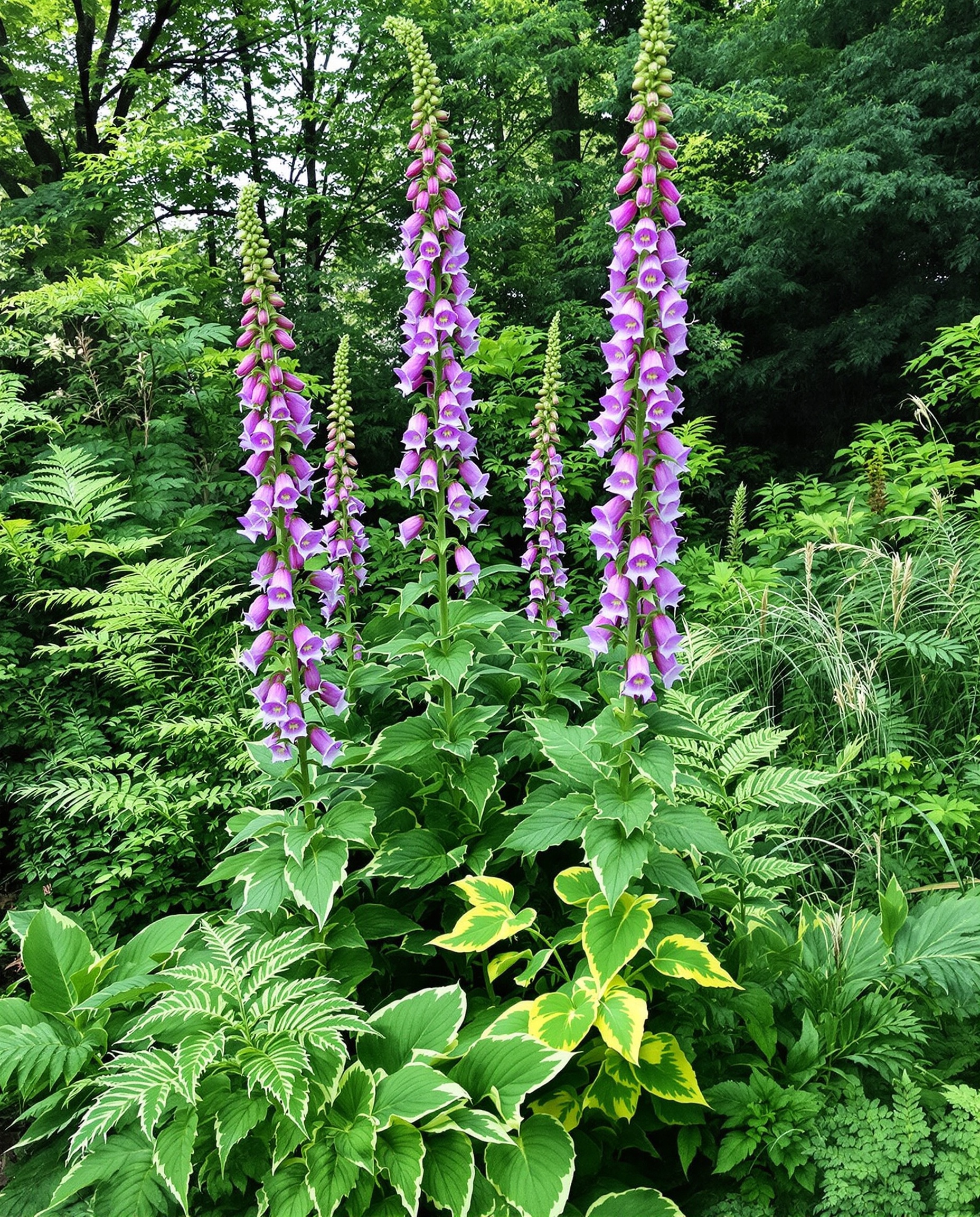 Massif semi-ombragé avec digitales pourpres, fougères, hostas et graminées ornementales.