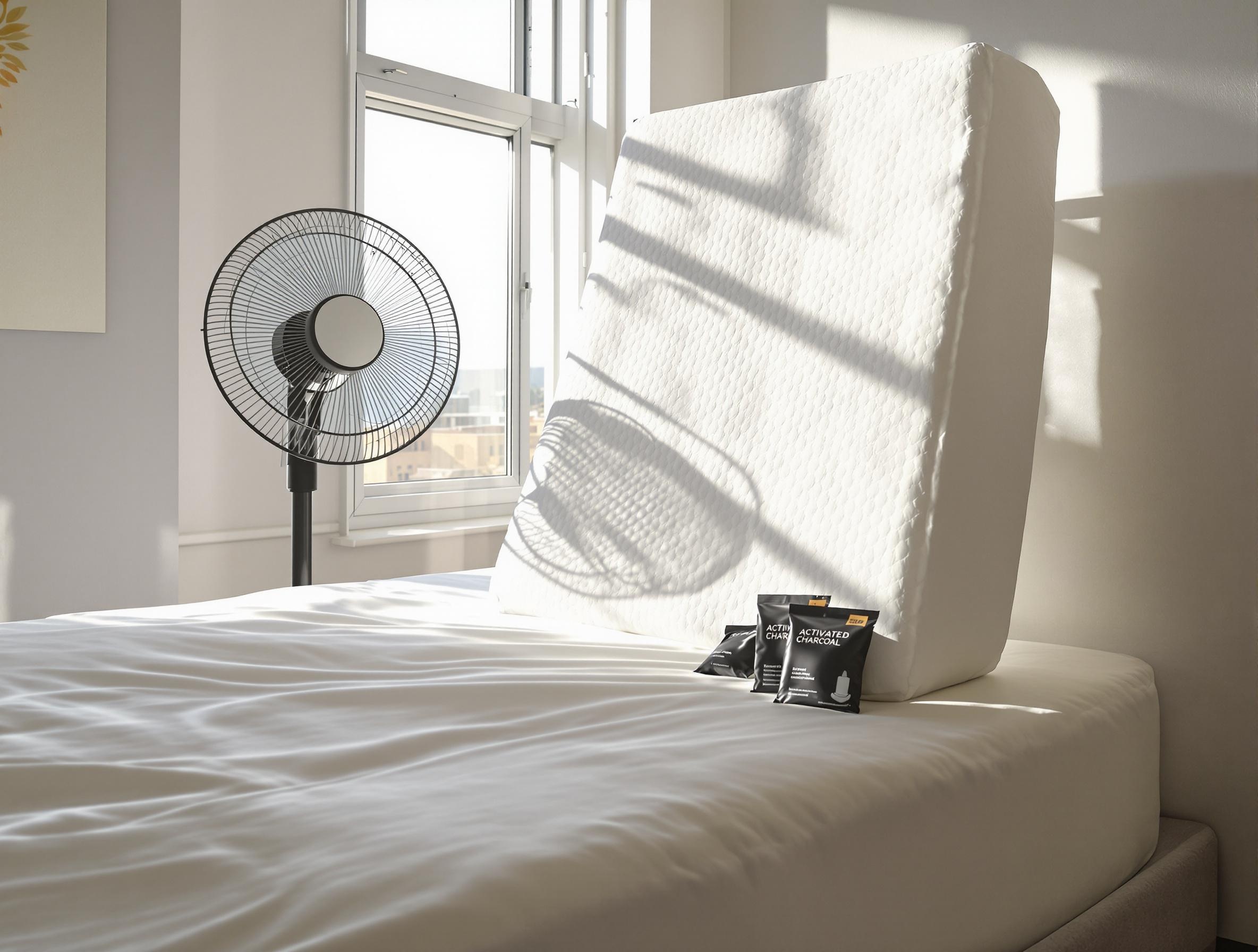 Matelas séchant à moitié au soleil, ventilateur et sachets anti-humidité