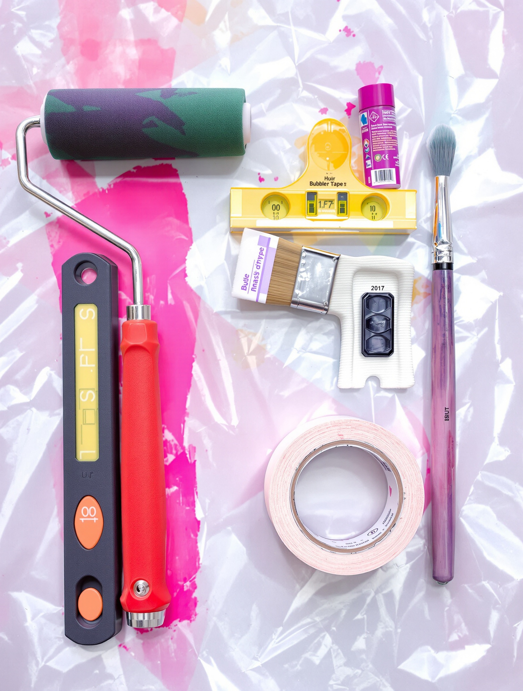 Matériel essentiel peinture triangles : rouleau, pinceau, peinture colorée, niveau à bulle et ruban de masquage premium sur bâche.