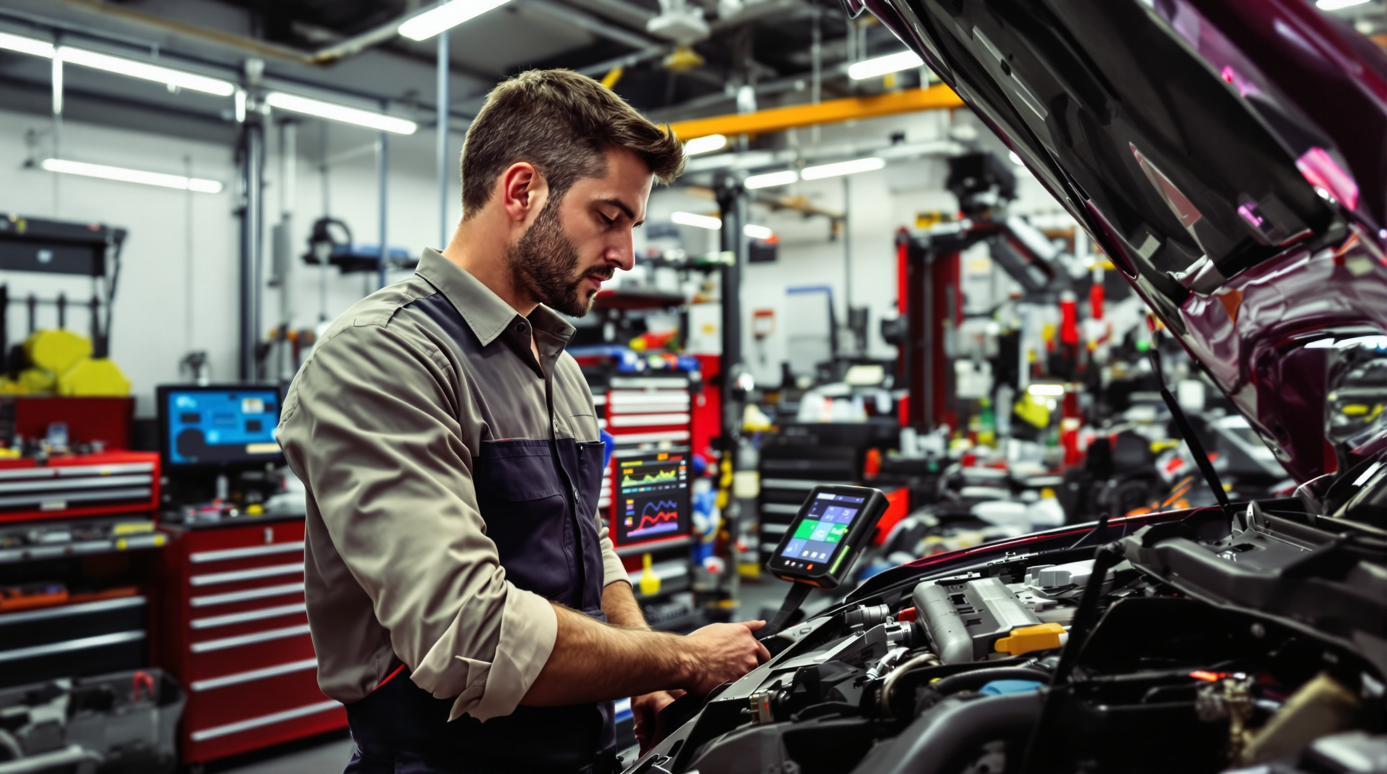Un mécanicien moderne utilise une valise de diagnostic professionnelle high-tech dans un garage lumineux.