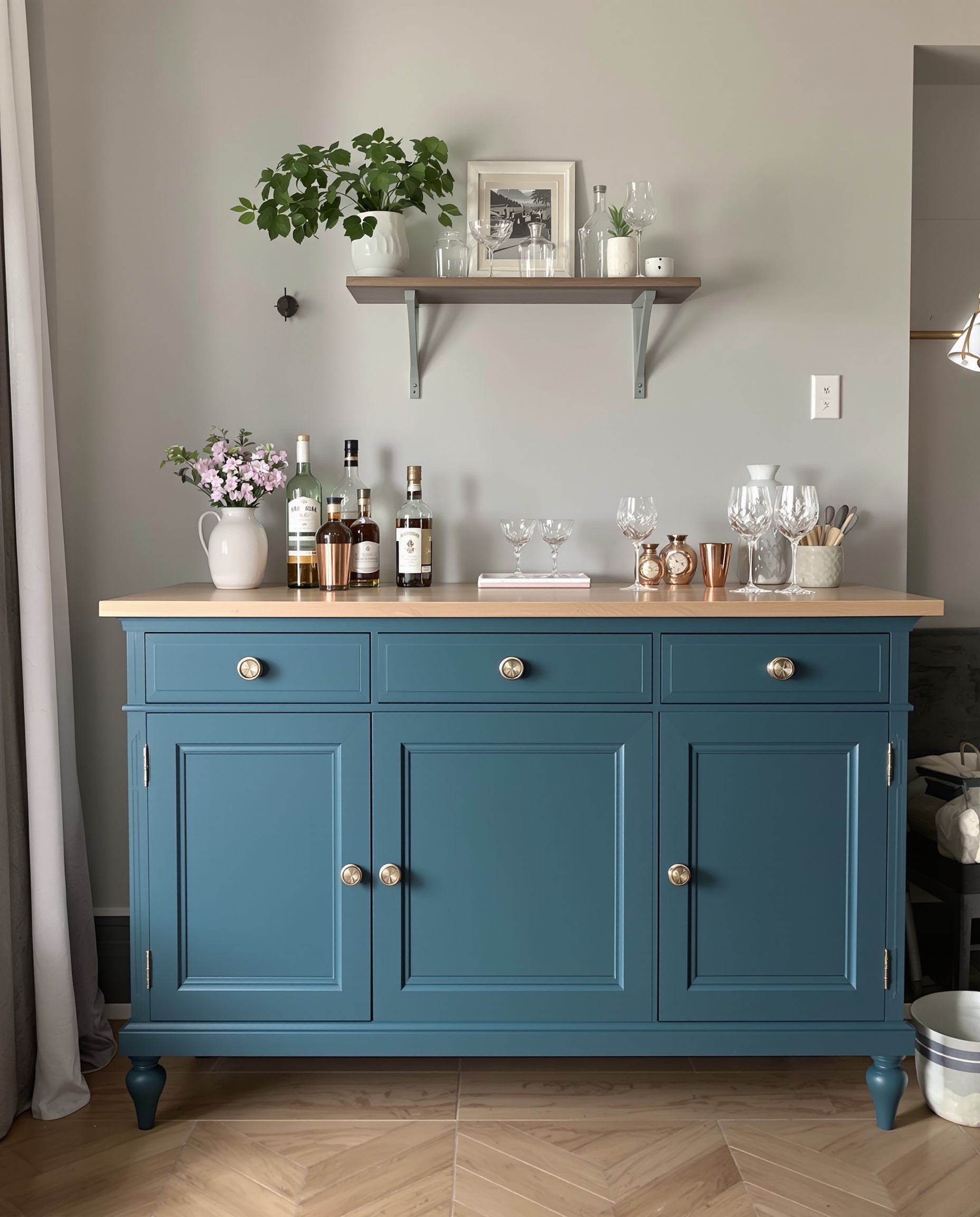 Meuble bas de vaisselier relooké en bar élégant bleu canard plateau bois clair