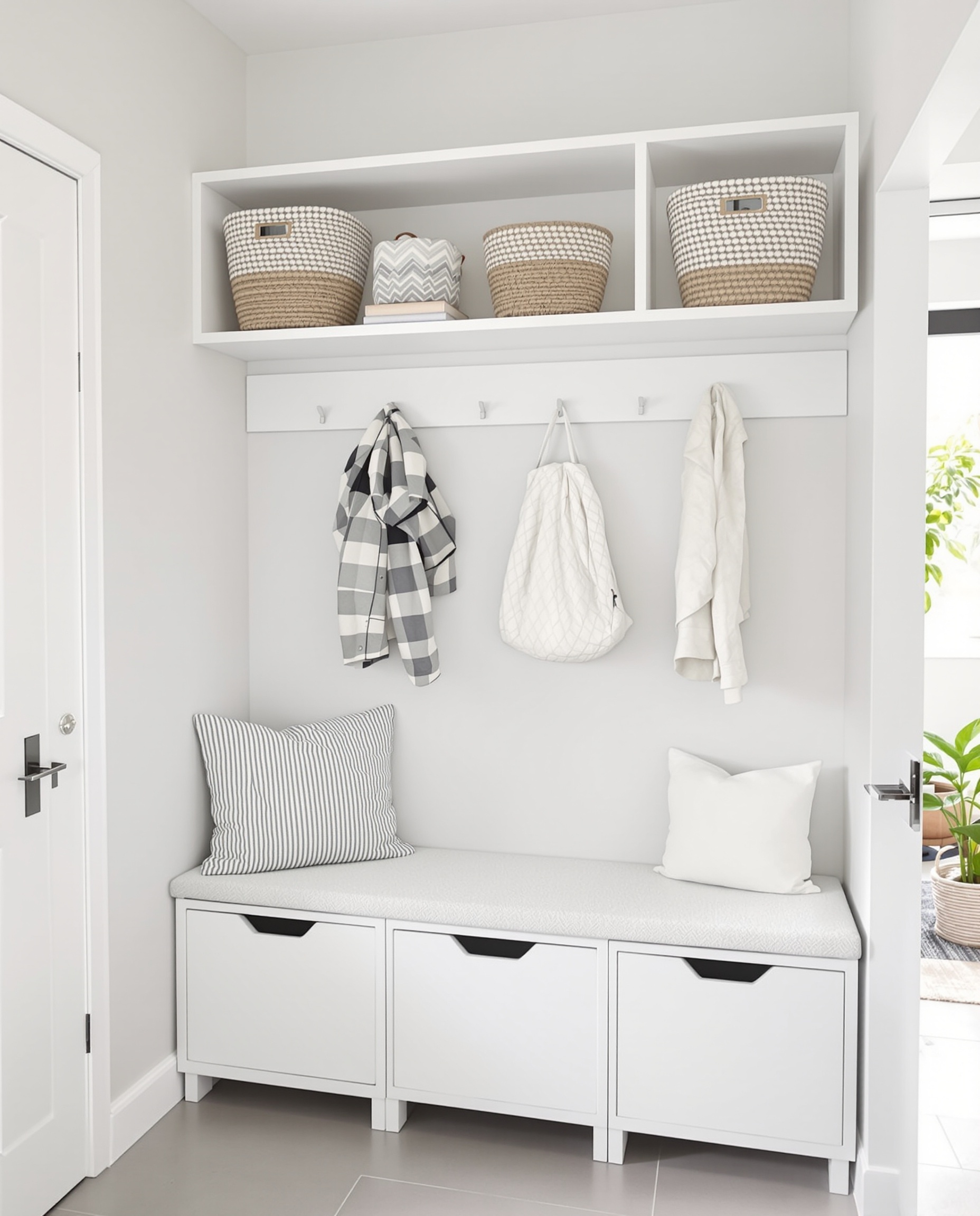 Micro-entrée moderne avec meuble TRONES Ikea empilés, patères hautes, banc compact avec coffres de rangement et couleurs claires.