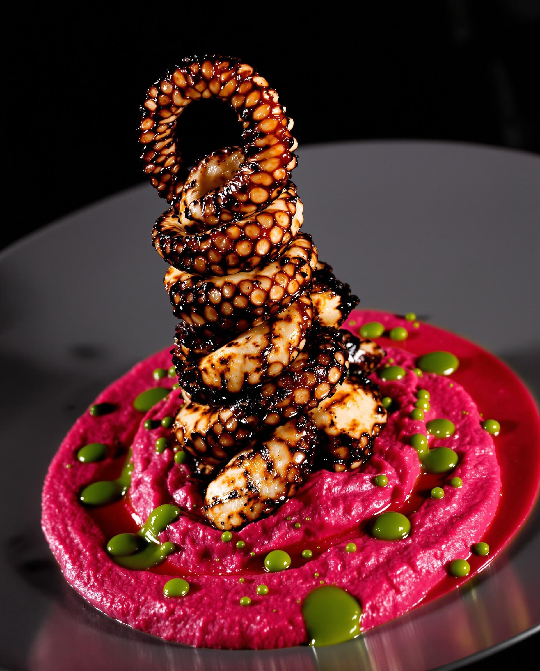 Dressage gastro vertical poulpe grillé sur houmous betterave style Top Chef