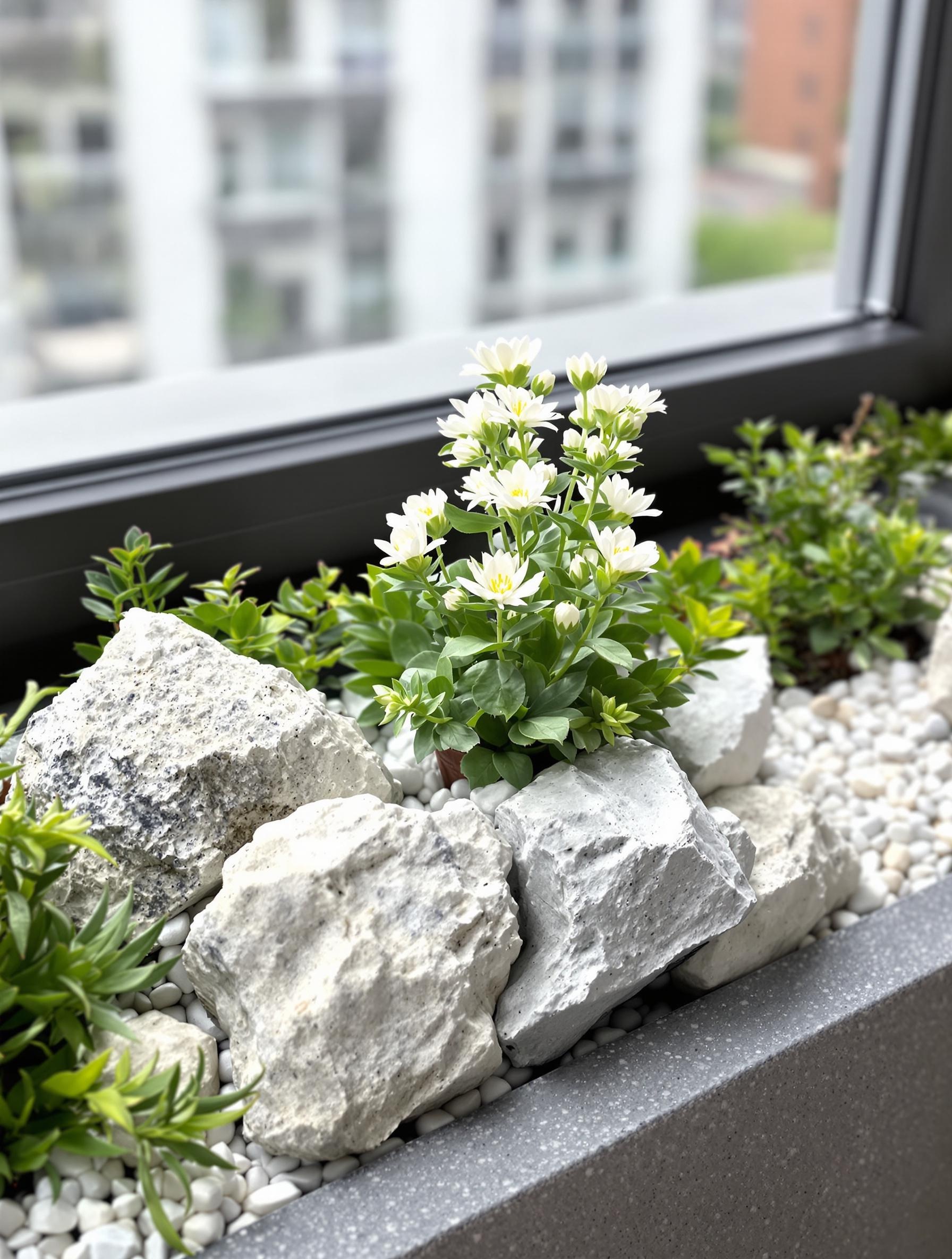 Rebord de fenêtre transformé en jardin alpin chic, Édelweiss au centre, graviers blancs et pierres calcaires entourées de Sedum.