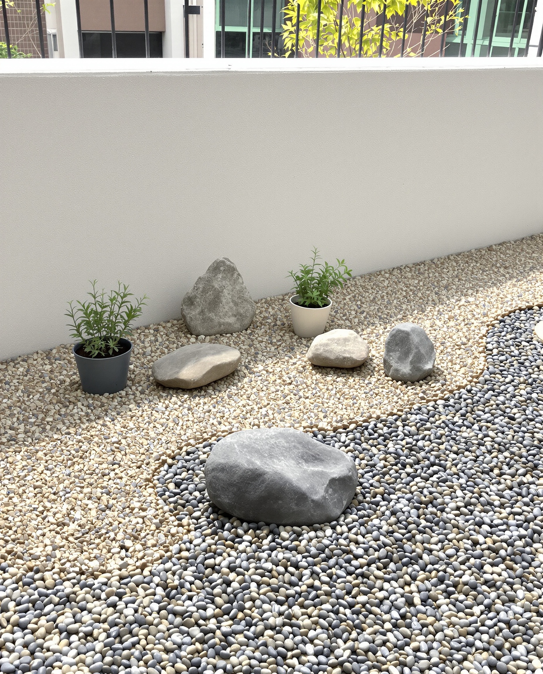 Jardin zen minimaliste avec graviers, vagues, rochers asymétriques et plantes vertes sur balcon