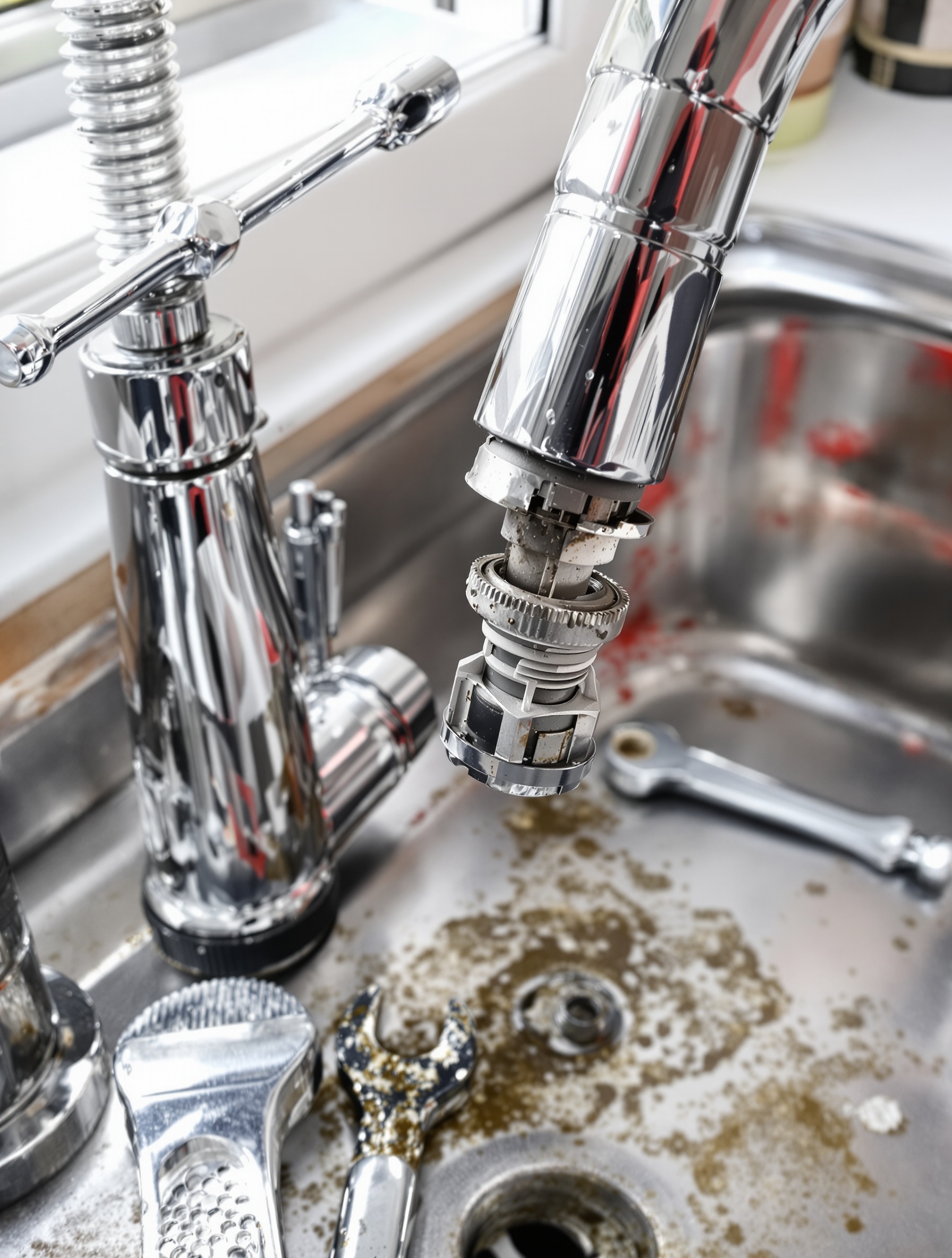 Mitigeur démonté avec cartouche encrassée et outils