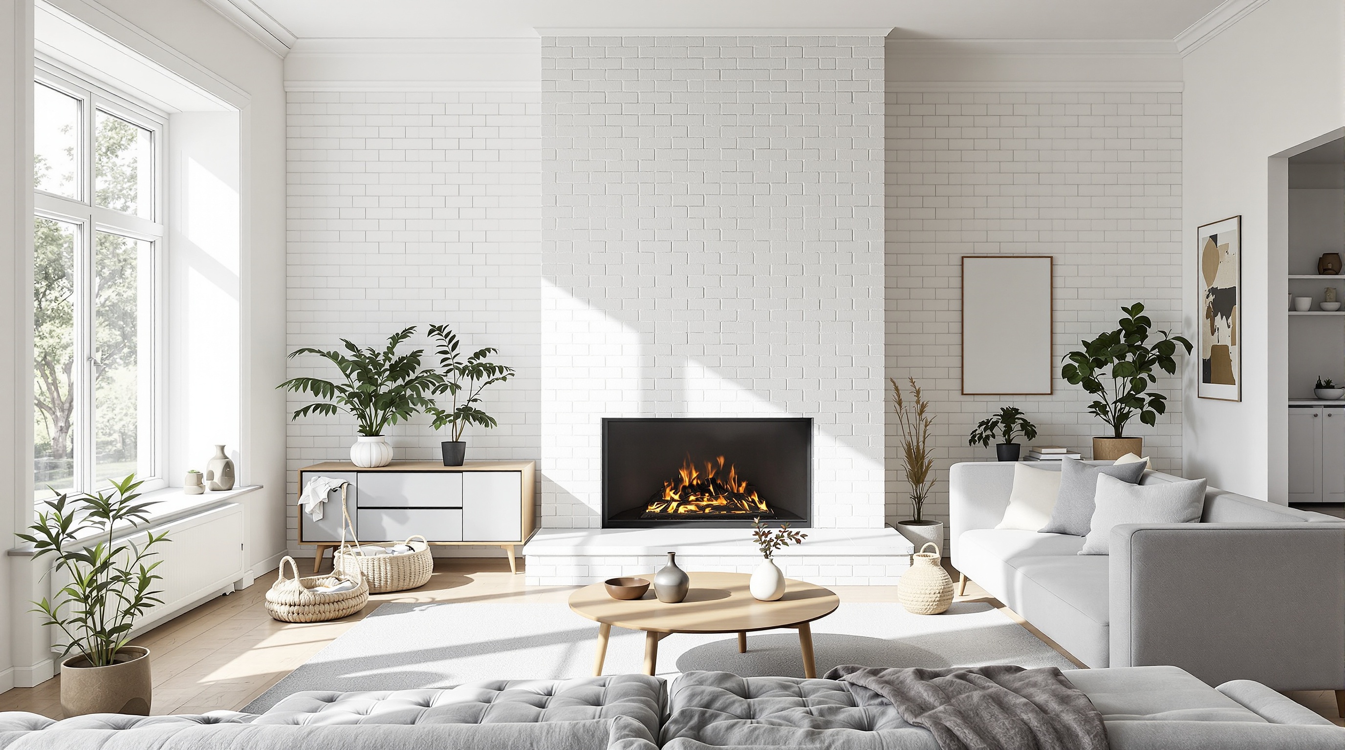 Cheminée en brique blanche dans un salon nordique moderne