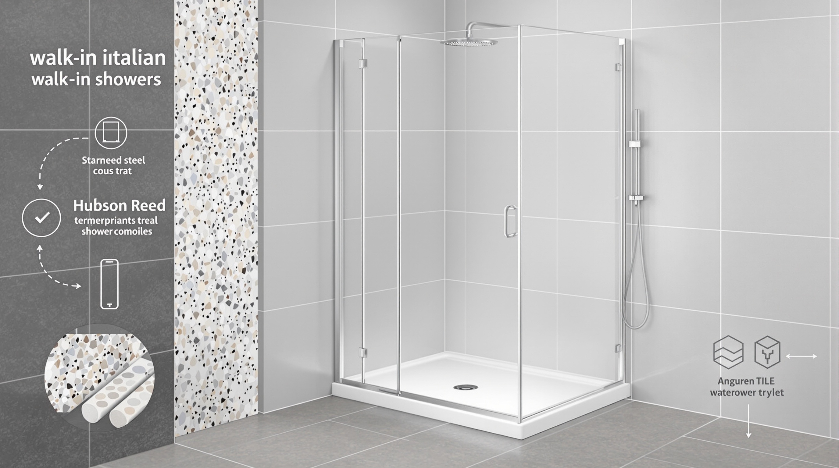 Éléments matériels typiques d'une douche à l'italienne moderne : receveur extra-plat, caniveau inox, paroi en verre alu.