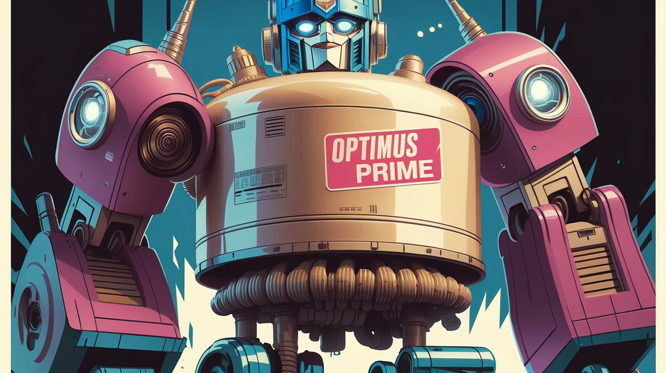 Condensateur de sèche-linge déguisé en robot géant avec un sticker 'Optimus Prime'.