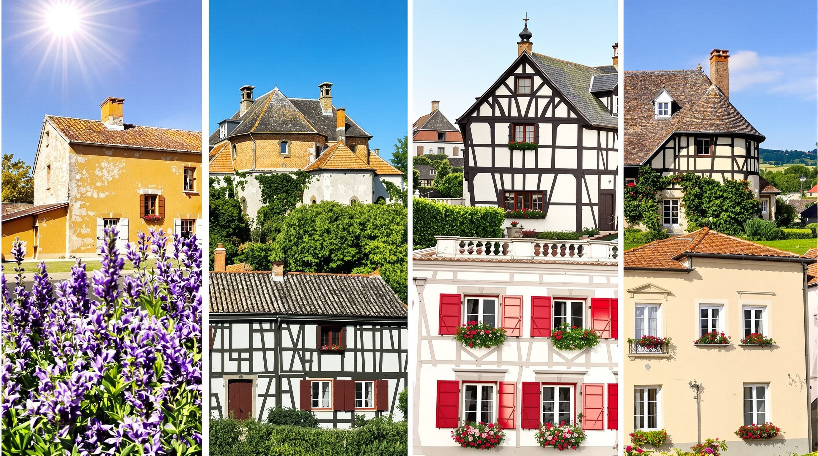 Montage photo de quatre styles de maisons régionales emblématiques : un mas provençal en pierre sous le soleil, une maison normande à colombages sombres, une maison basque blanche et rouge sang de bœuf, et une maison alsacienne aux colombages clairs et façade colorée.