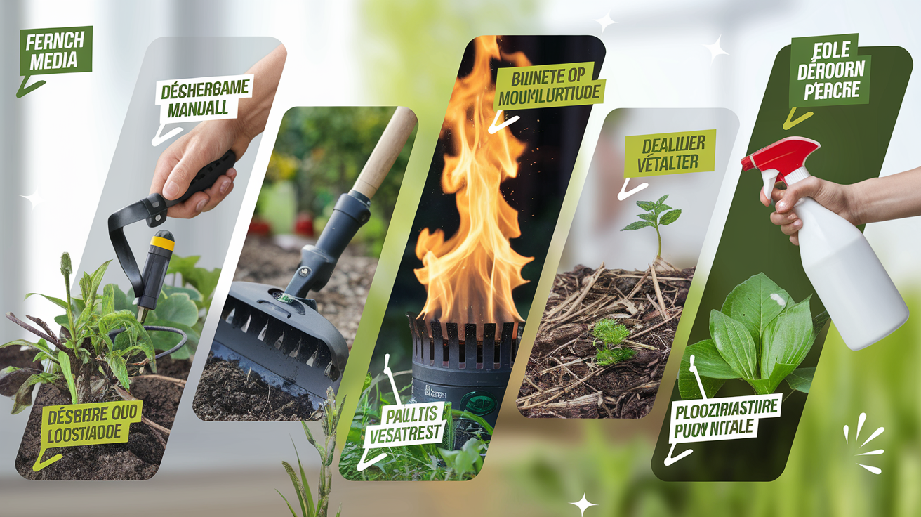Montage visuel montrant cinq techniques de désherbage au jardin : main avec outil manuel (gouge), binette/motoculteur, flamme de désherbeur thermique, paillage végétal sur sol nu, pulvérisation d’un purin naturel maison.