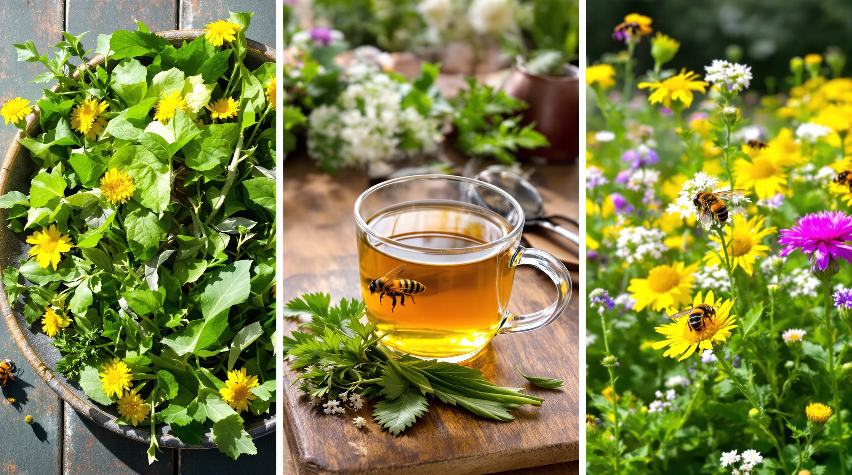 Montage illustrant trois usages des mauvaises herbes : cuisine (pissenlit, ortie, chénopode dans une assiette), remède médicinal (plantain et achillée millefeuille en tisane), insectes pollinisateurs sur fleurs d’adventices.
