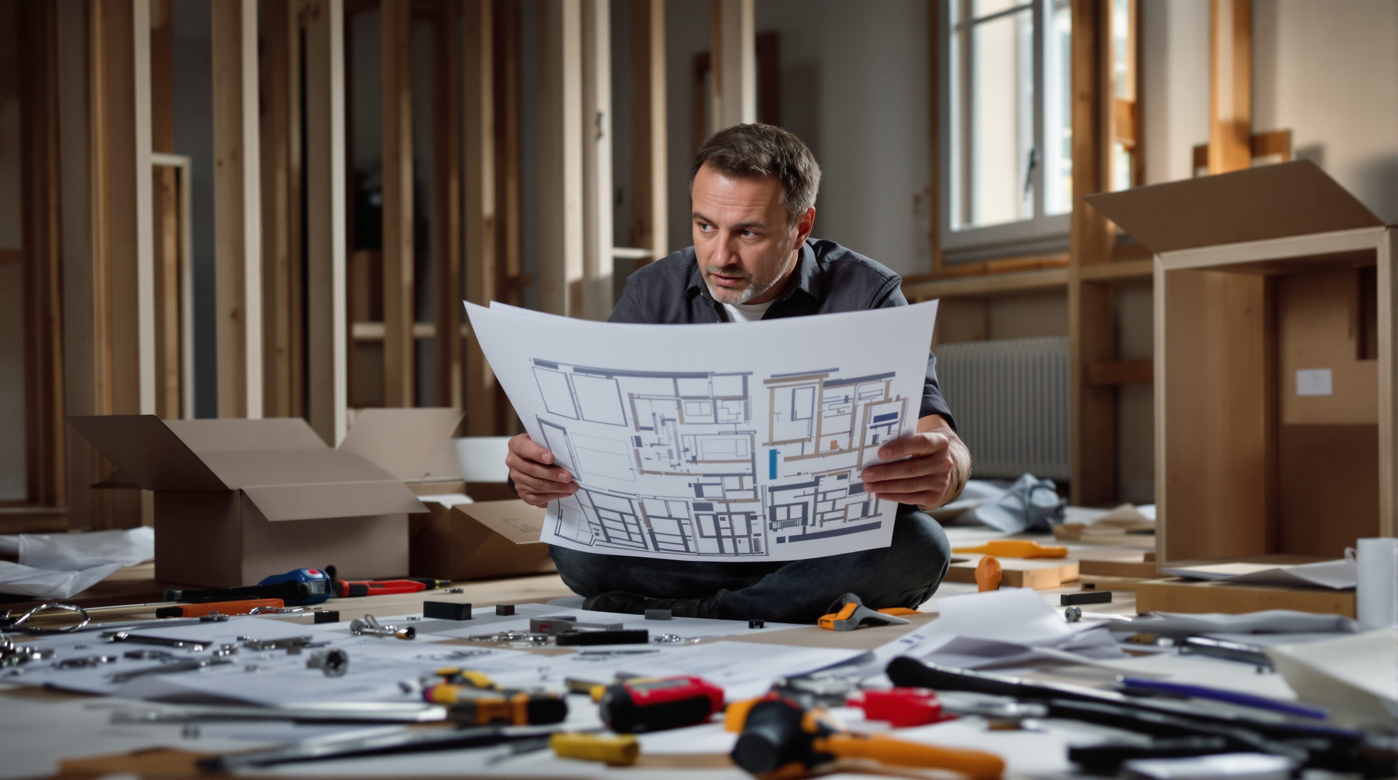 Poseur confus devant un plan incompréhensible et des outils éparpillés