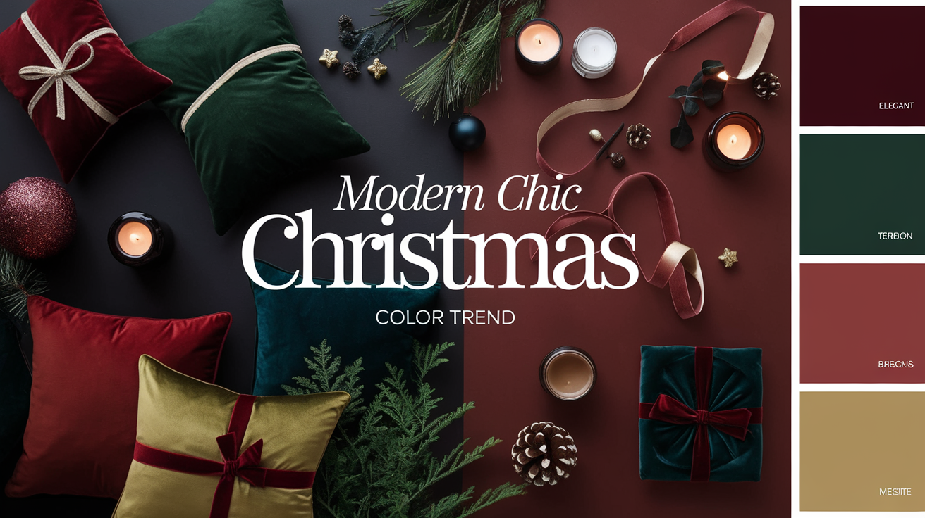 moodboard couleurs tendances Noël 2025 bordeaux bleu nuit vert forêt terracotta laiton