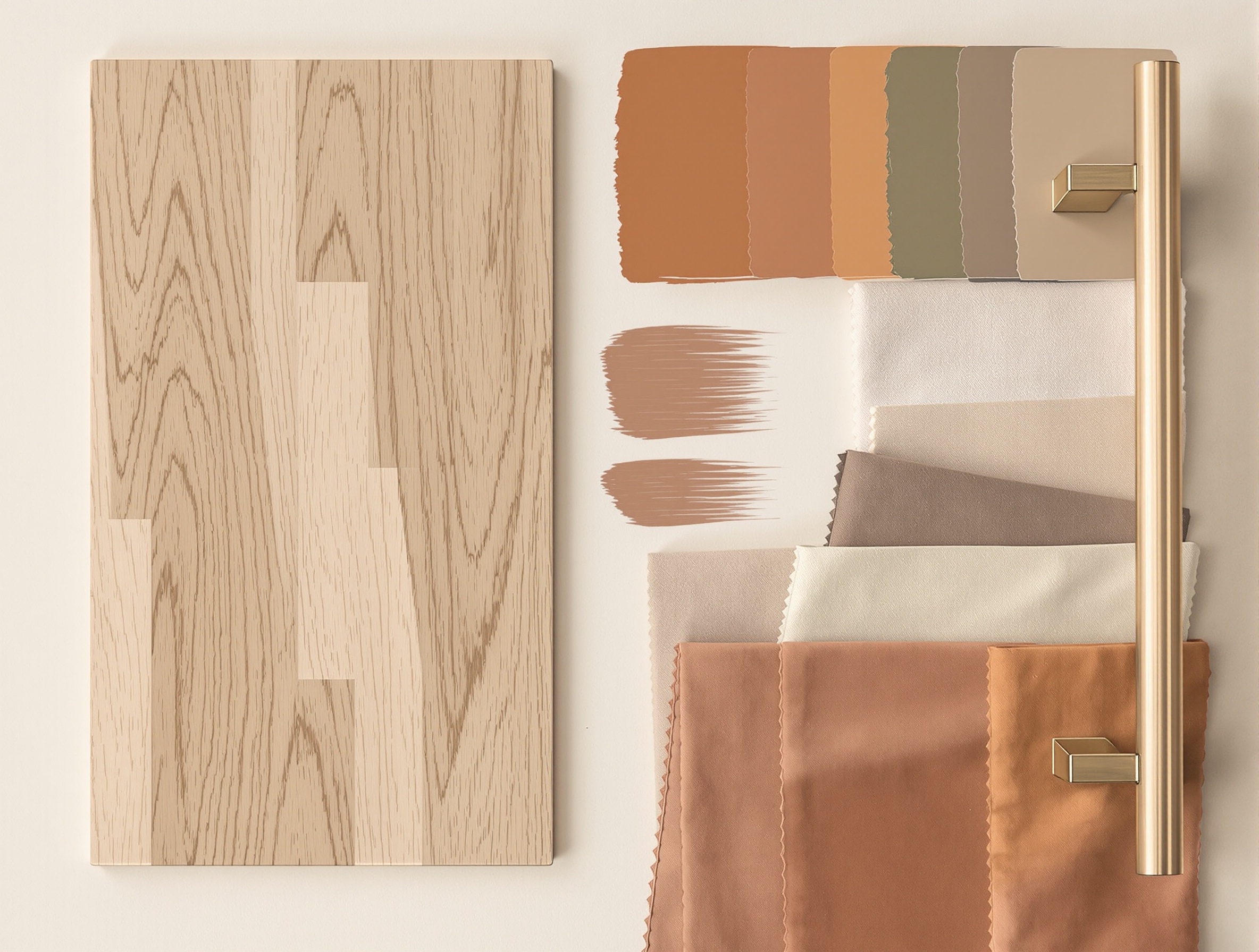 Un moodboard de rénovation : échantillon de parquet, testeurs de peinture terre, tissus lin et velours, poignée en laiton brossé.