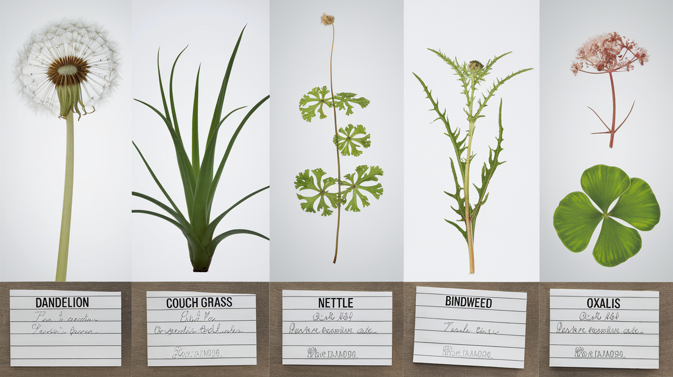 Montage humoristique type mugshots des mauvaises herbes courantes du jardin – pissenlit, chiendent, ortie, liseron et oxalis.