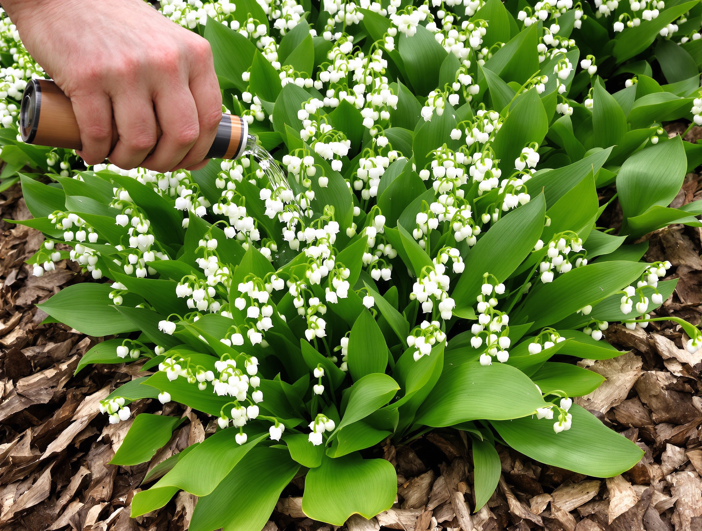 Muguet luxuriant avec paillis de feuilles mortes et arrosage léger