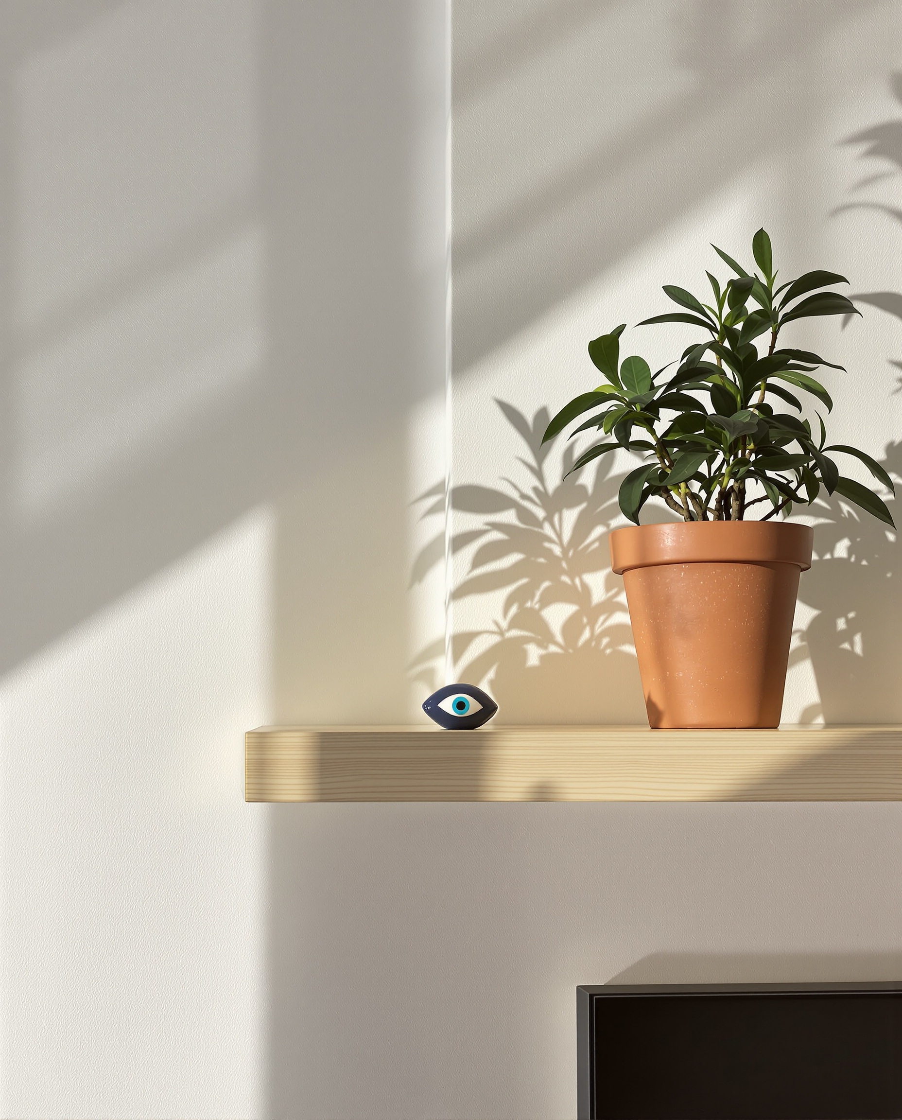 Salon moderne avec Pilea et Oeil Grec céramique intégrés subtilement