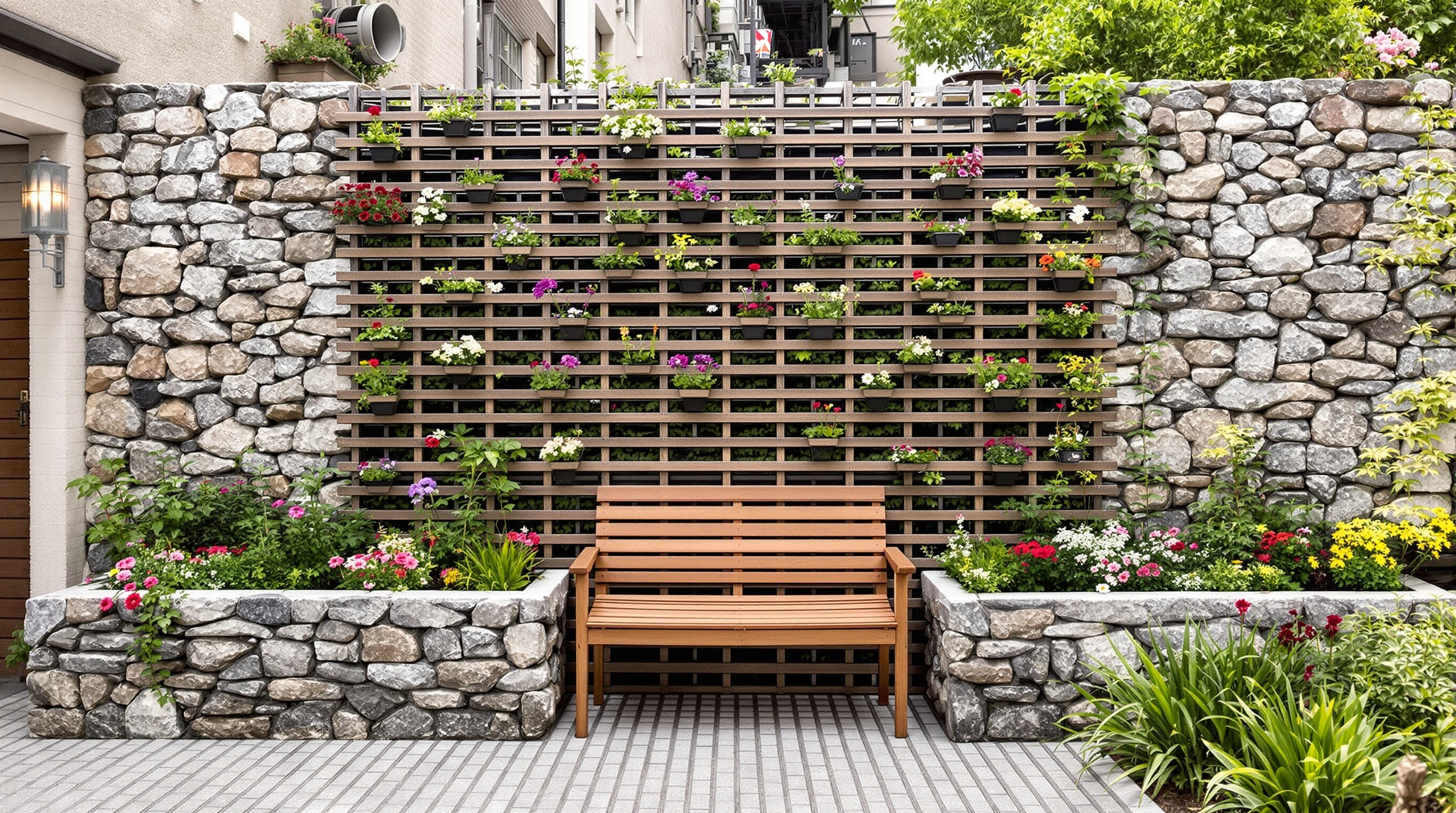 Gabion banc bois jardinières led déco bohème