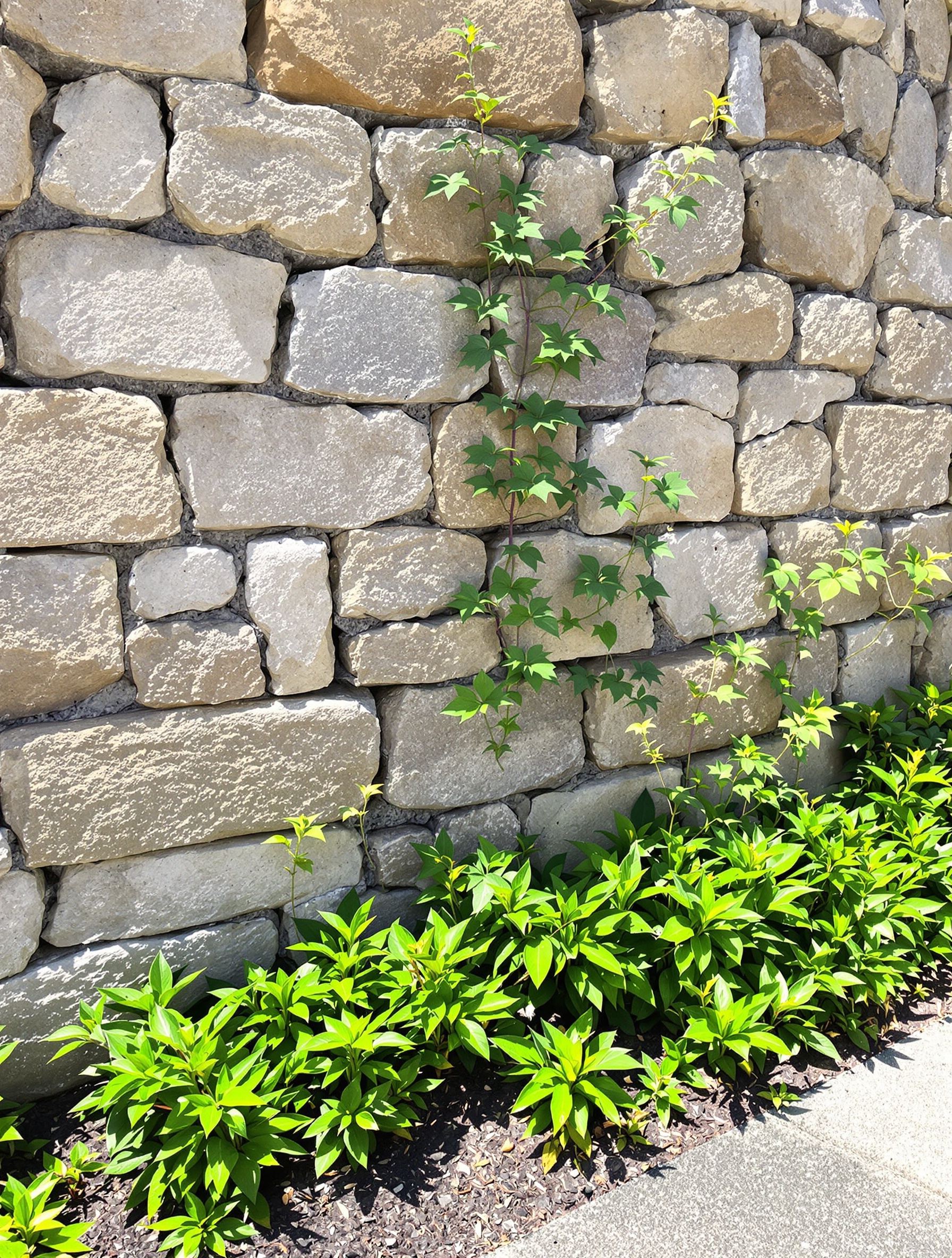 Mur en pierre débarrassé du lierre, nouvelles plantations saines à la base