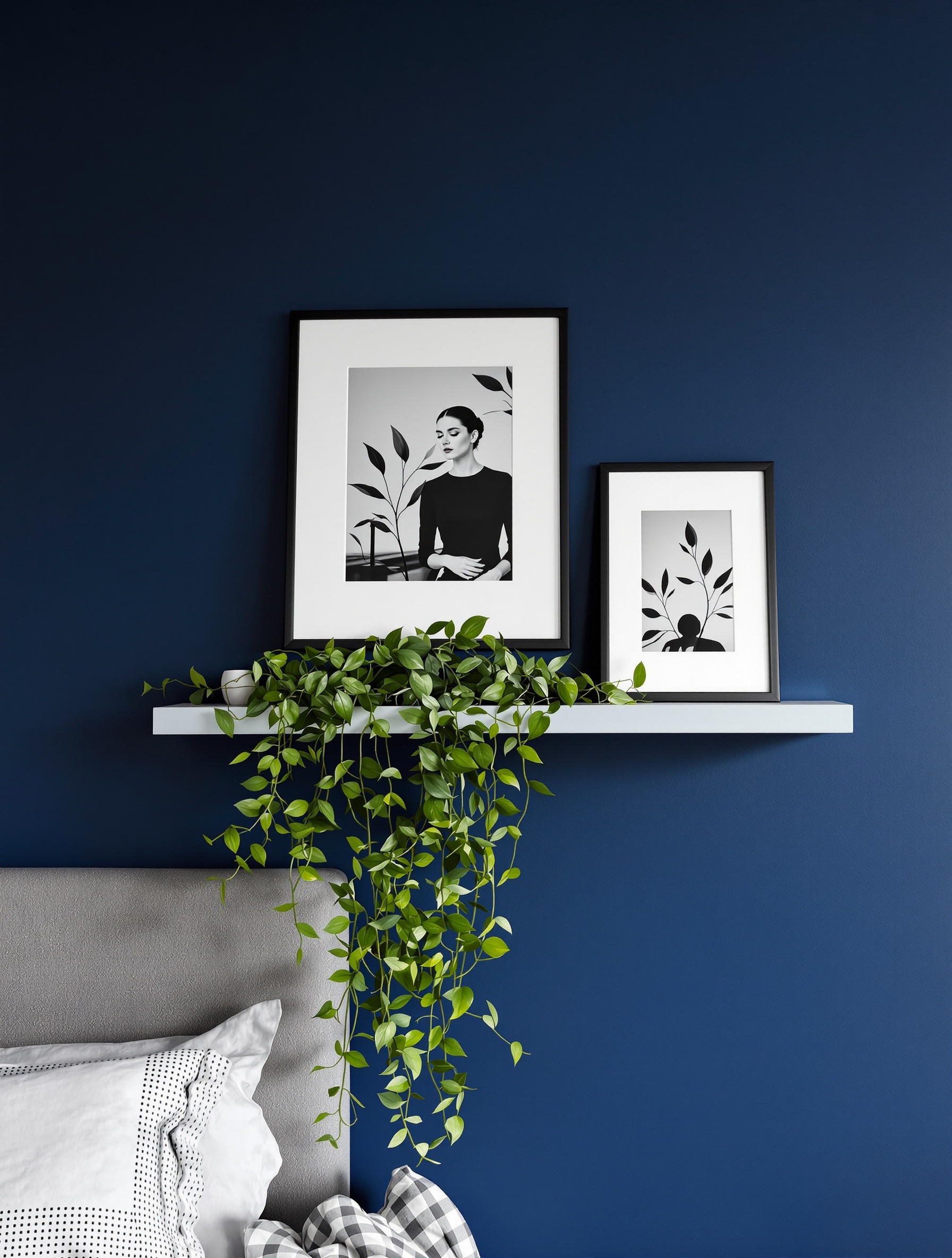 chambre adulte mur bleu nuit cadres asymétriques étagère plante tombante