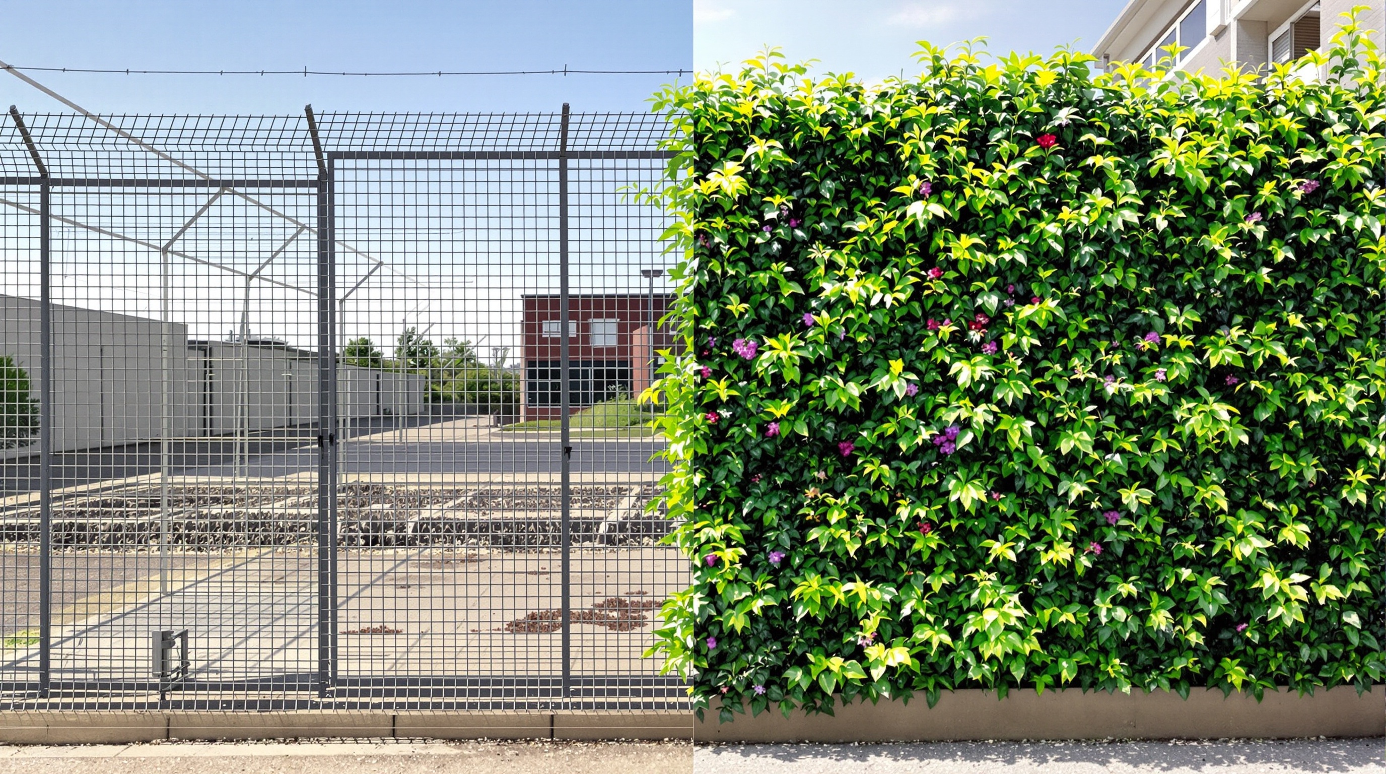 Avant/après : grillage nu VS mur végétal moitié naturel moitié artificiel