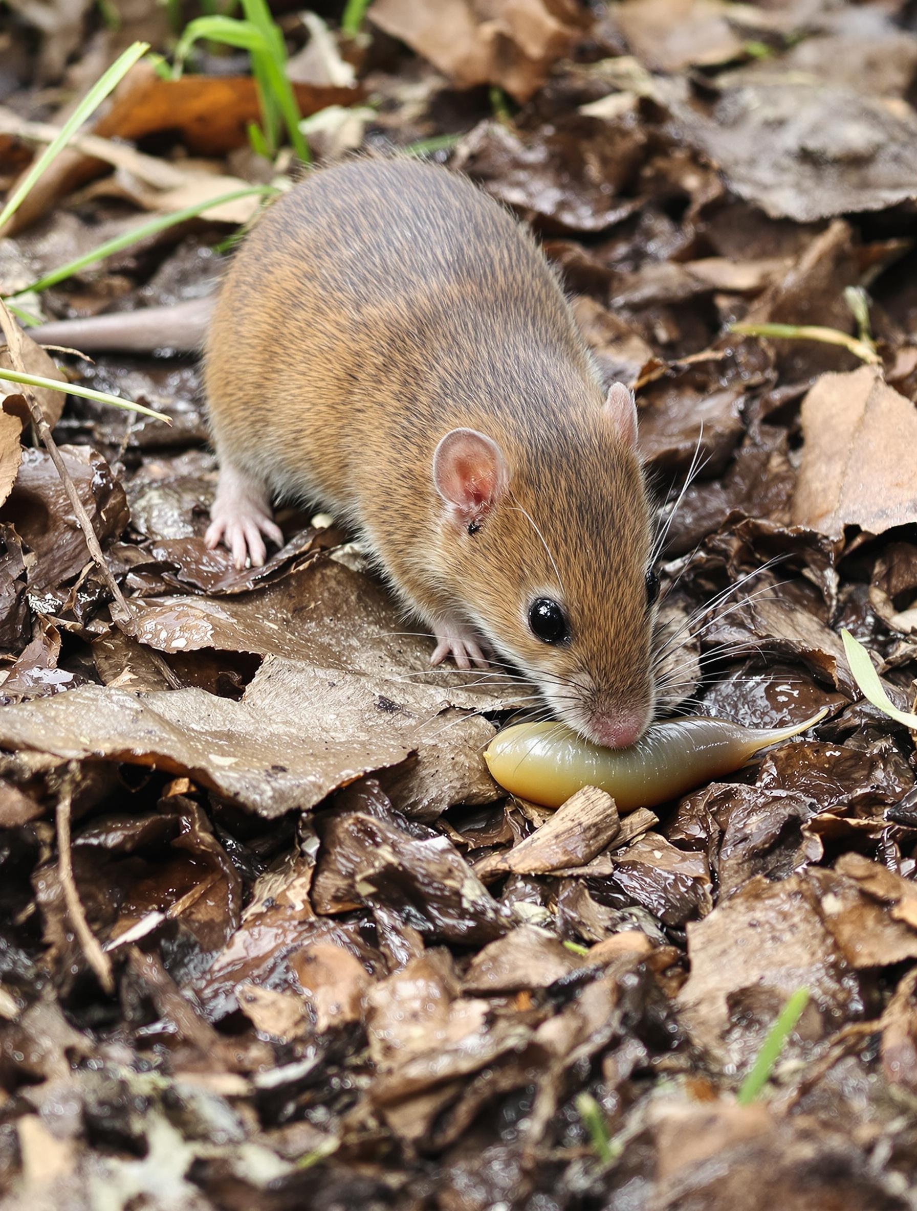 Illustration naturaliste d'une musaraigne chassant une limace dans un jardin