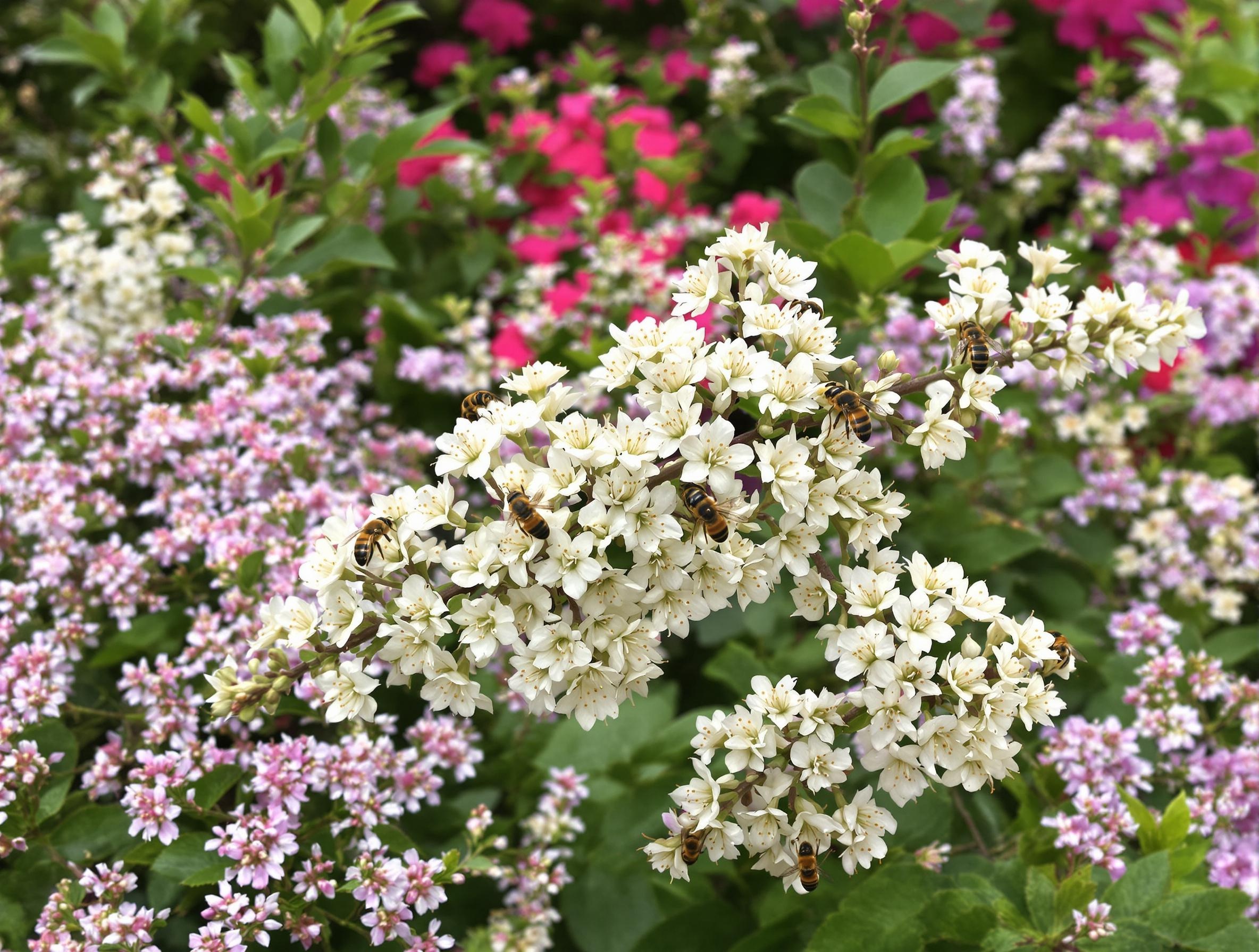 Myrtillier sauvage en fleurs, abeilles, bruyère, rhodo Cunningham, azalée japonaise
