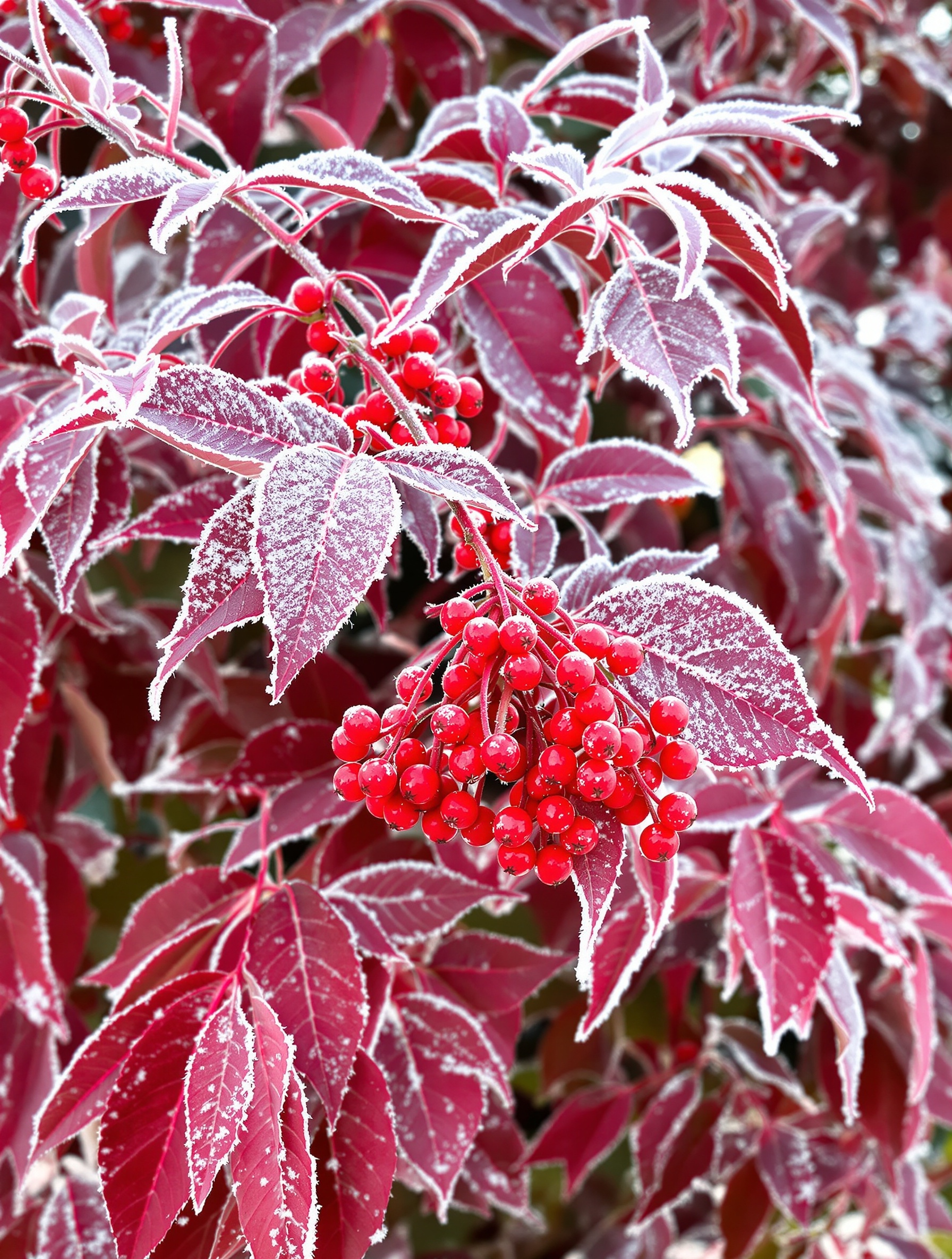 Nandina domestica en hiver feuillage rouge baies givrées