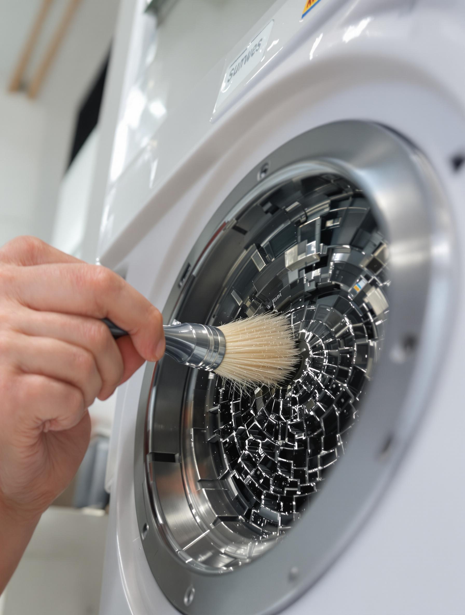 Personne nettoyant les ailettes du condensateur d'un sèche-linge à condensation avec une petite brosse.