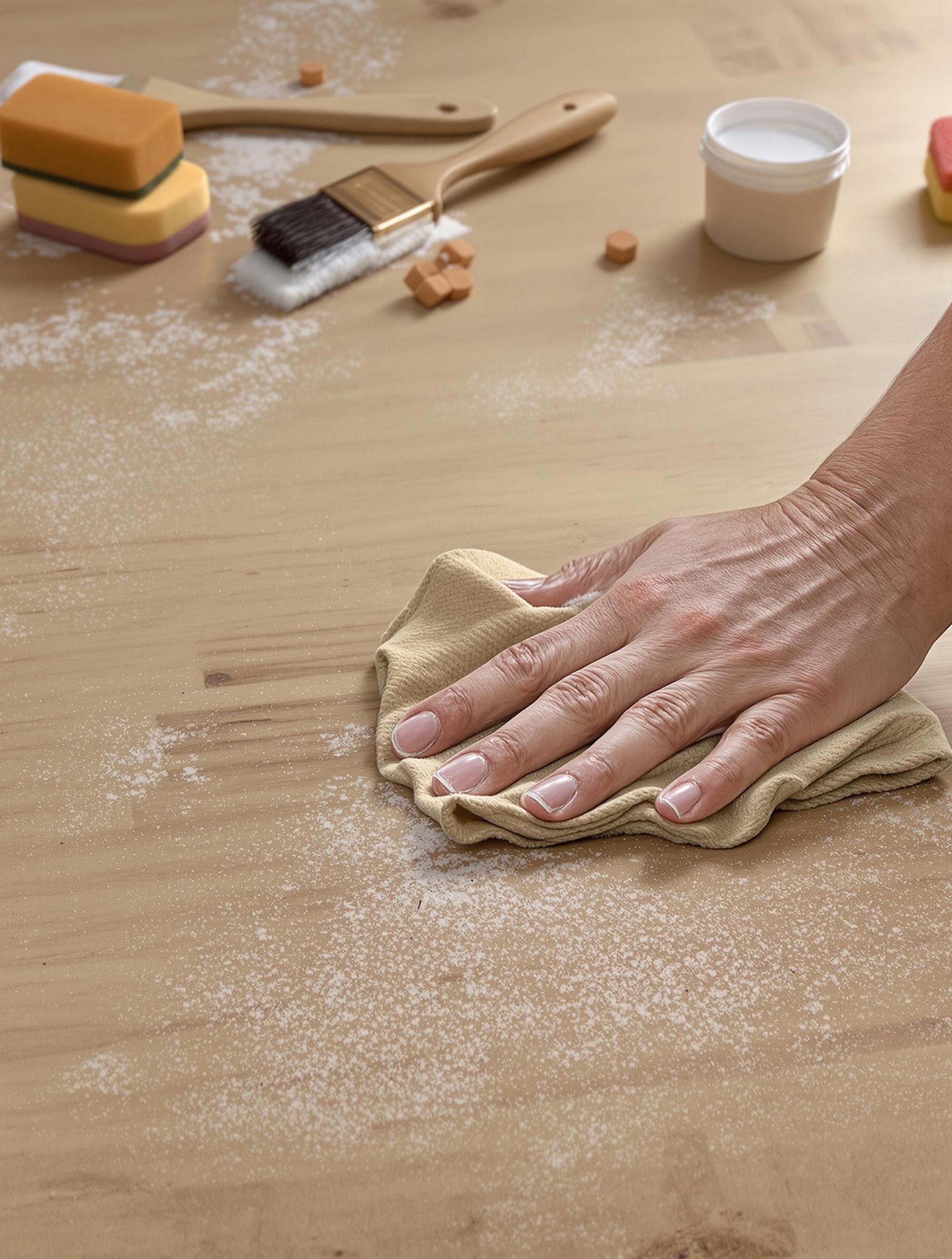 Nettoyage d'un meuble en bois après décapage avec un chiffon humide.