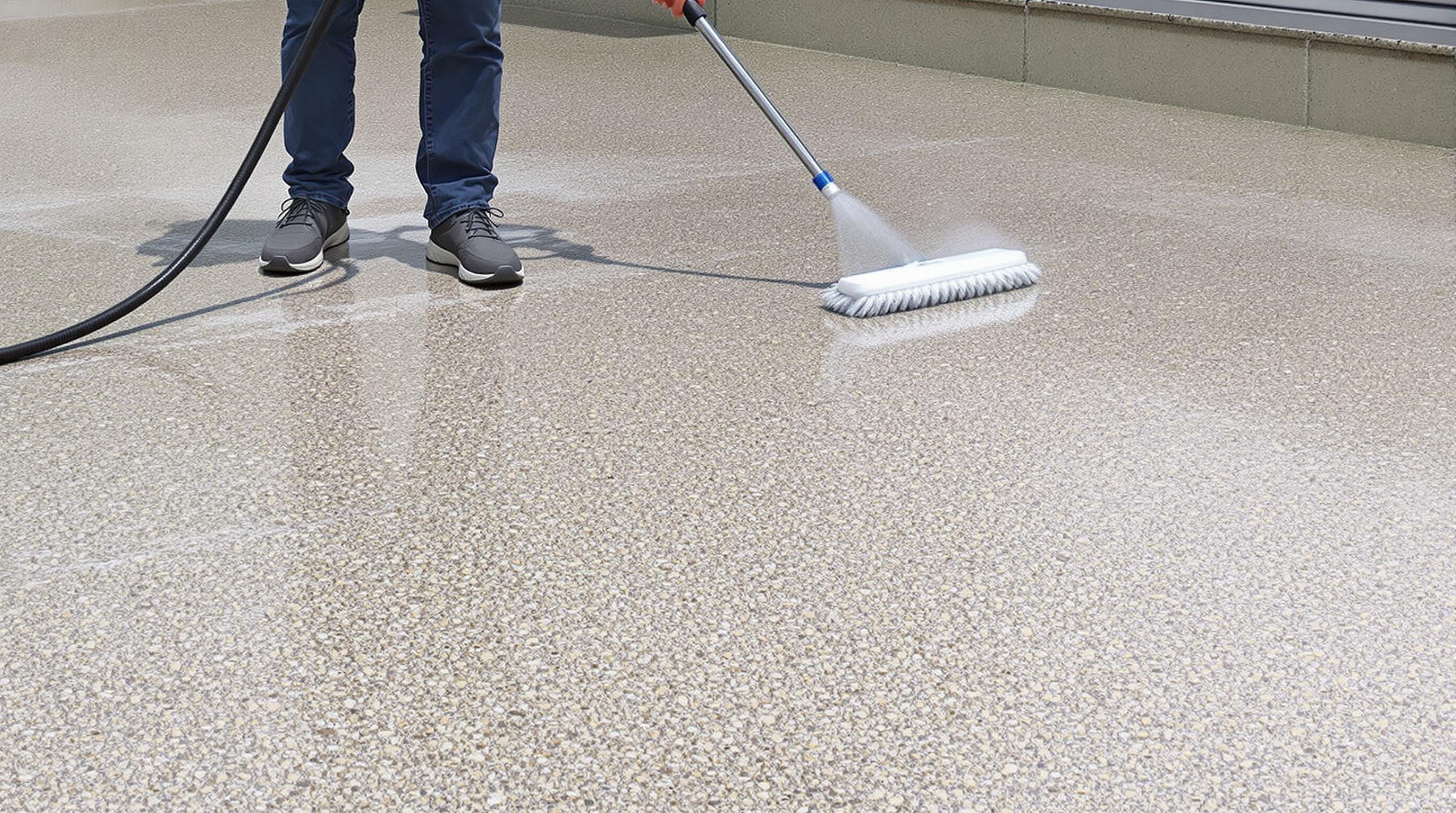 Nettoyage terrasse béton désactivé, jet d'eau doux et savon