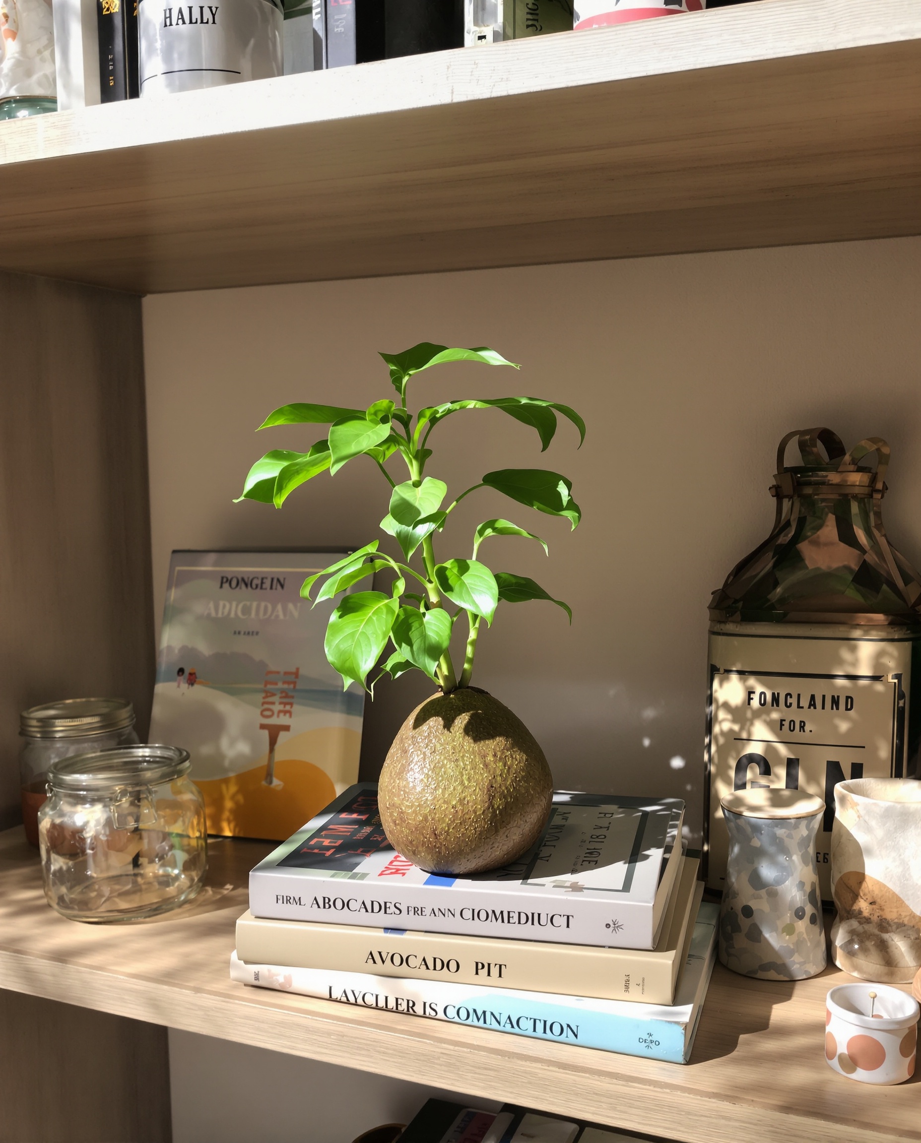 Noyau d'avocat devenu plante décorative sur étagère récup chic