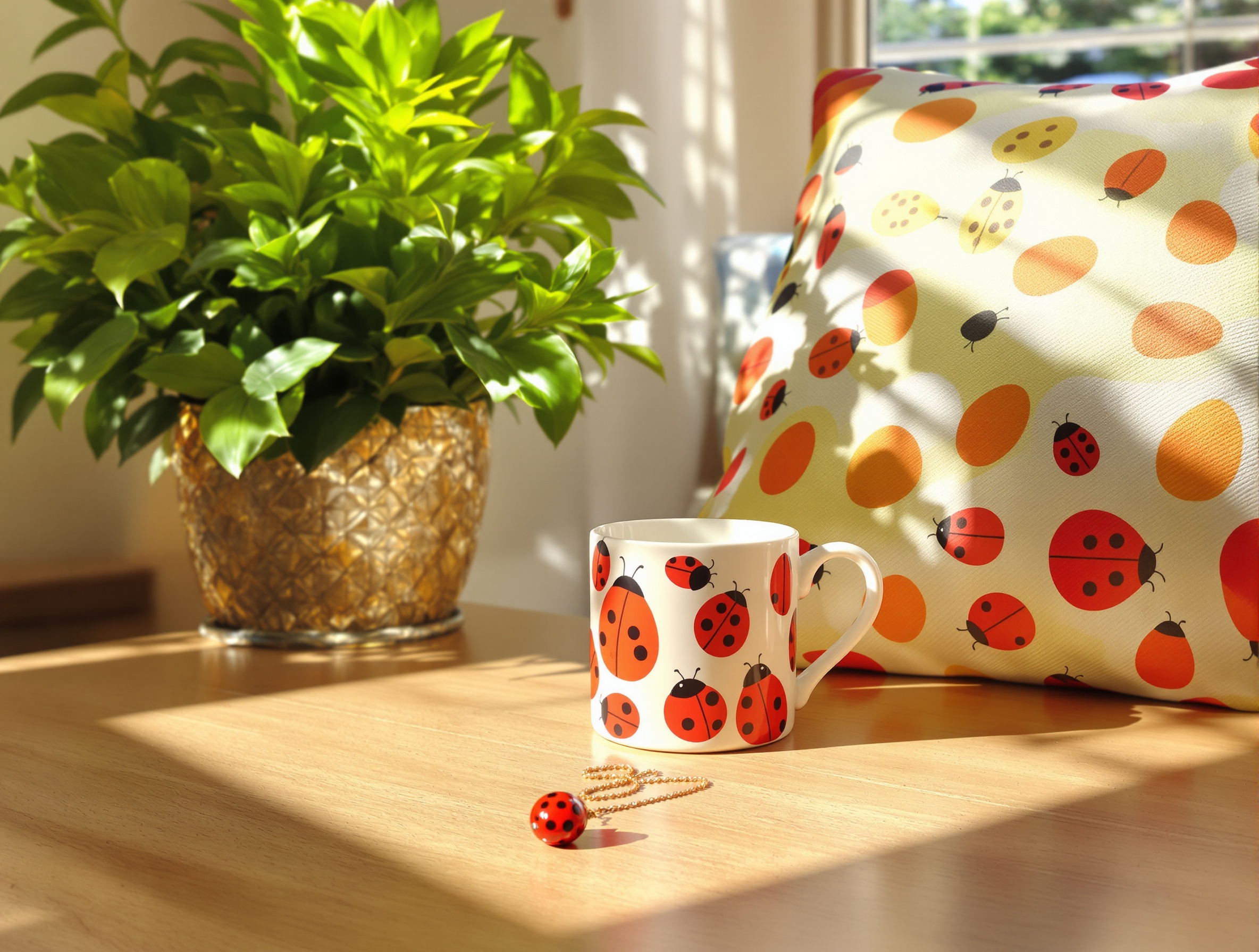Objets du quotidien inspirés de la coccinelle : bijou, mug, coussin décoratif, plante verte.