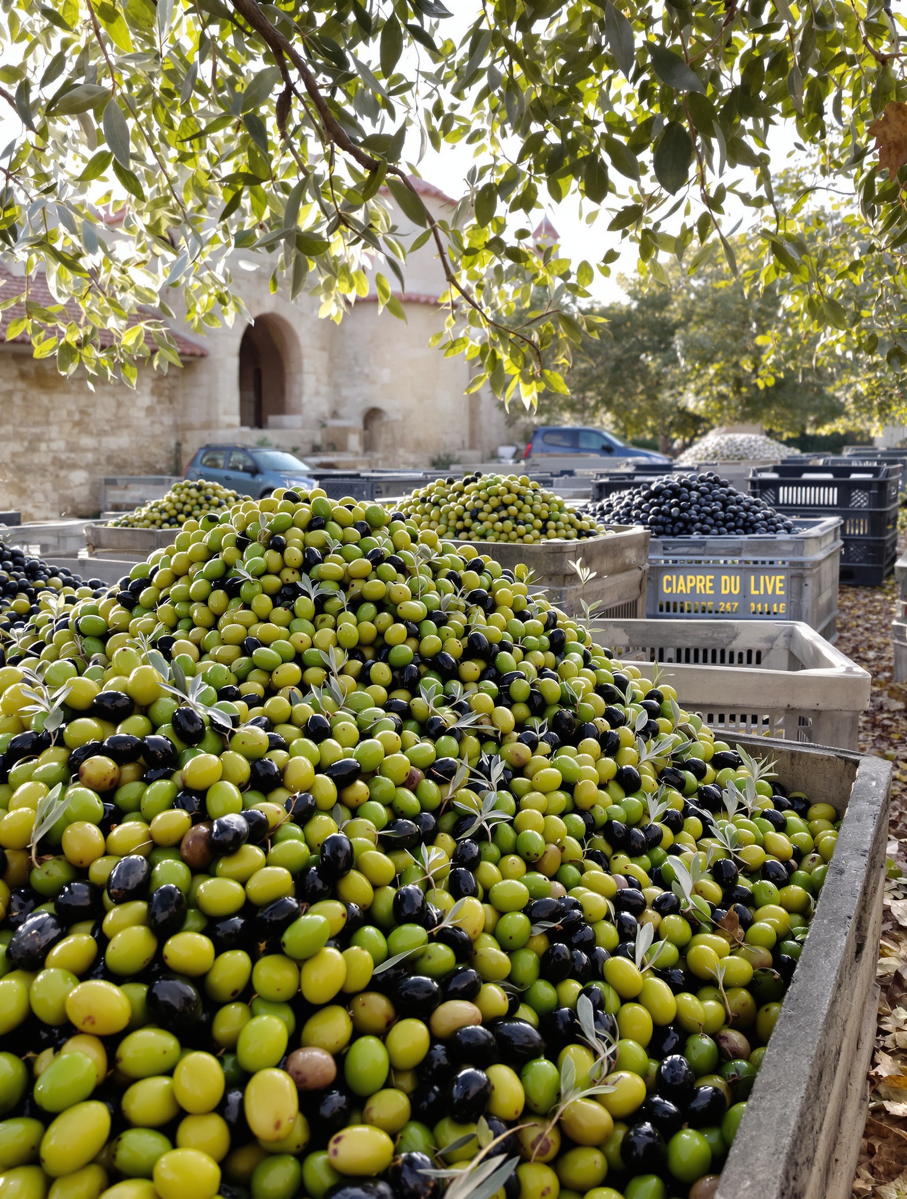 Olives fraîches dans des caisses prêtes pour le moulin provençal