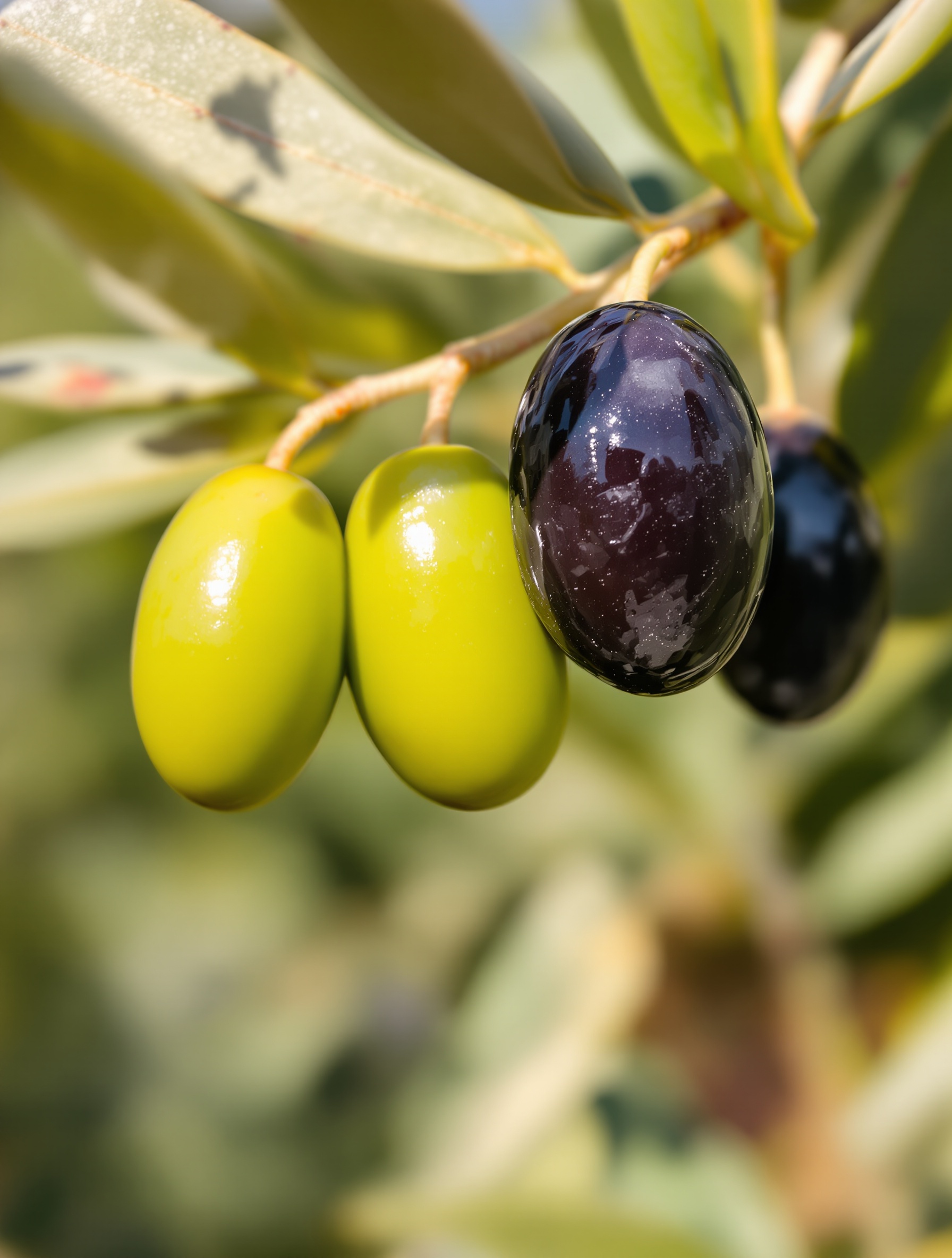 Olives montrant différentes étapes de la véraison sur une branche