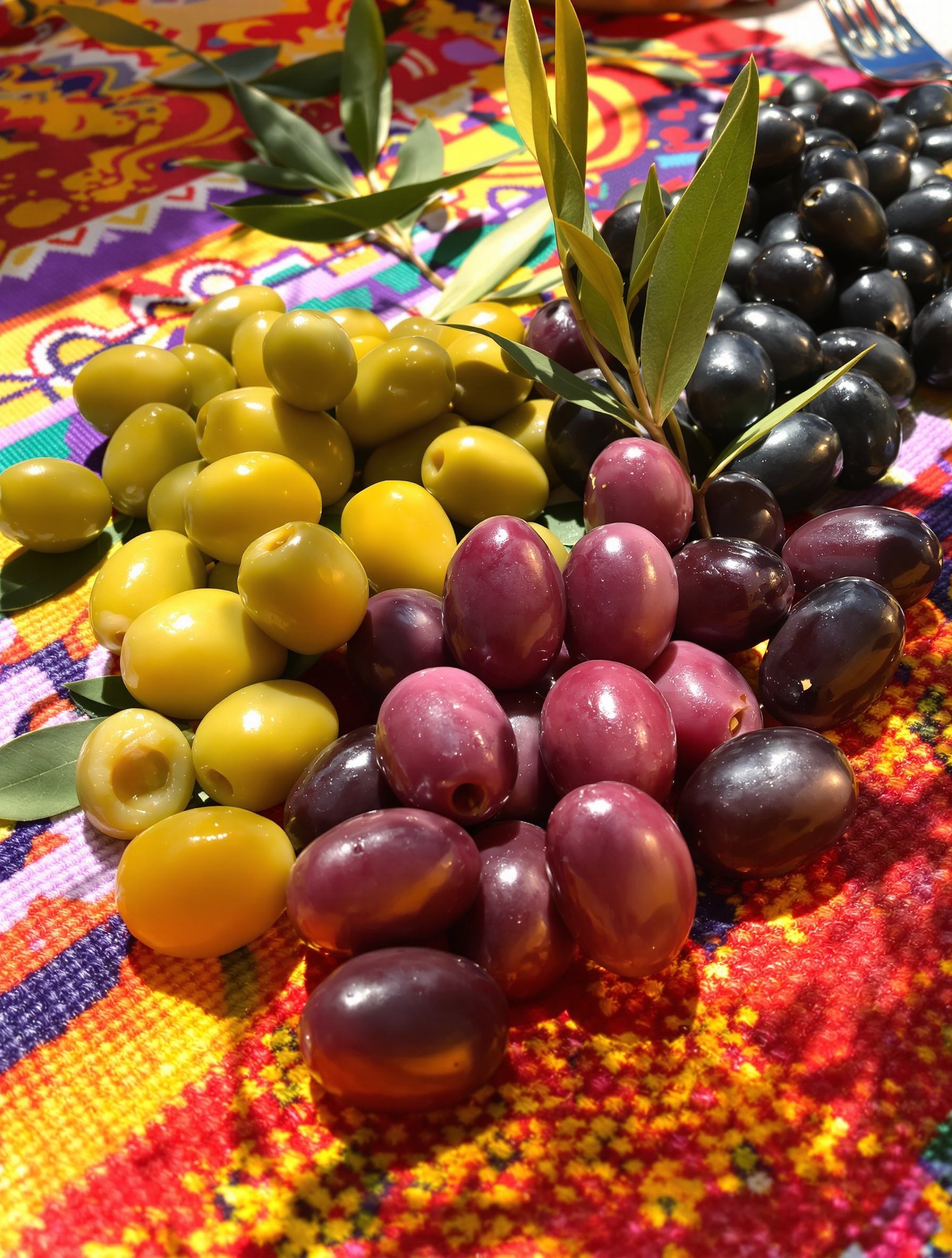 Trois types d'olives (vertes, violettes, noires) sur nappe provençale