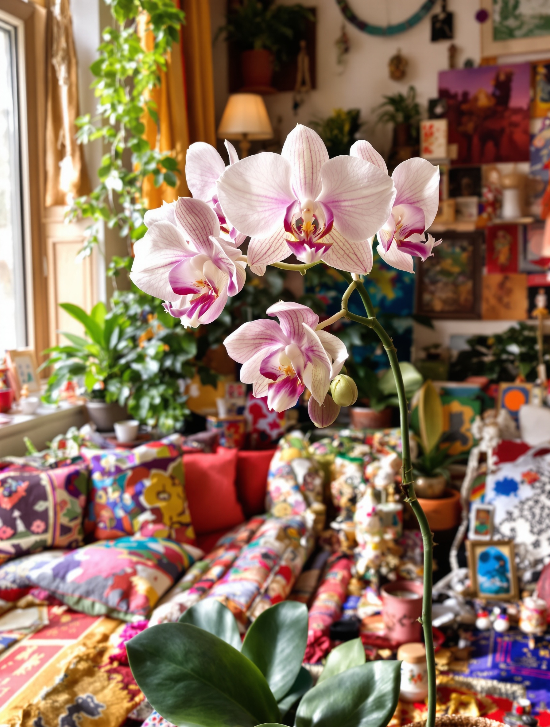 Orchidée dans lumière indirecte, déco bohème