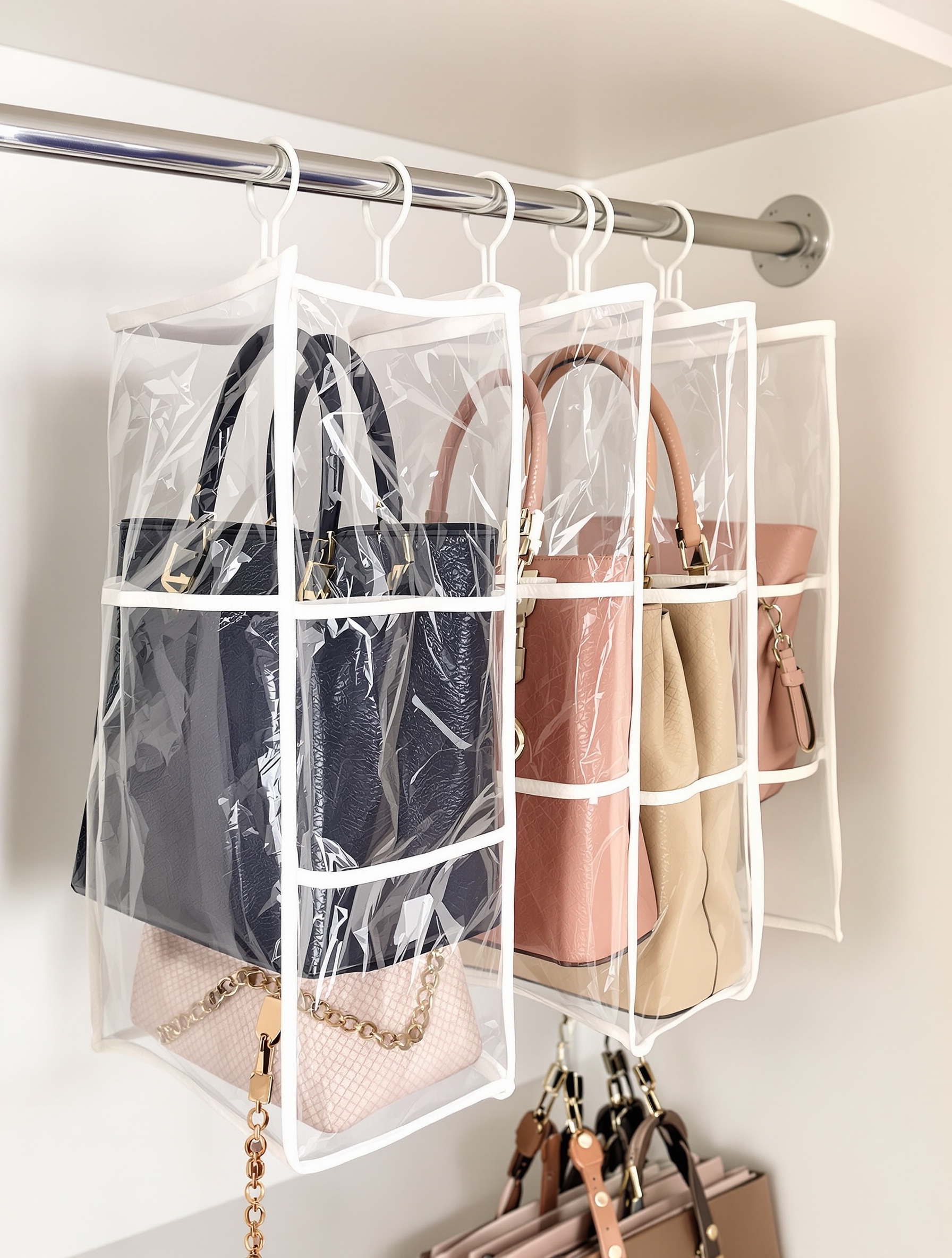 Organisateurs suspendus avec plusieurs compartiments accueillant des sacs à main dans un dressing.