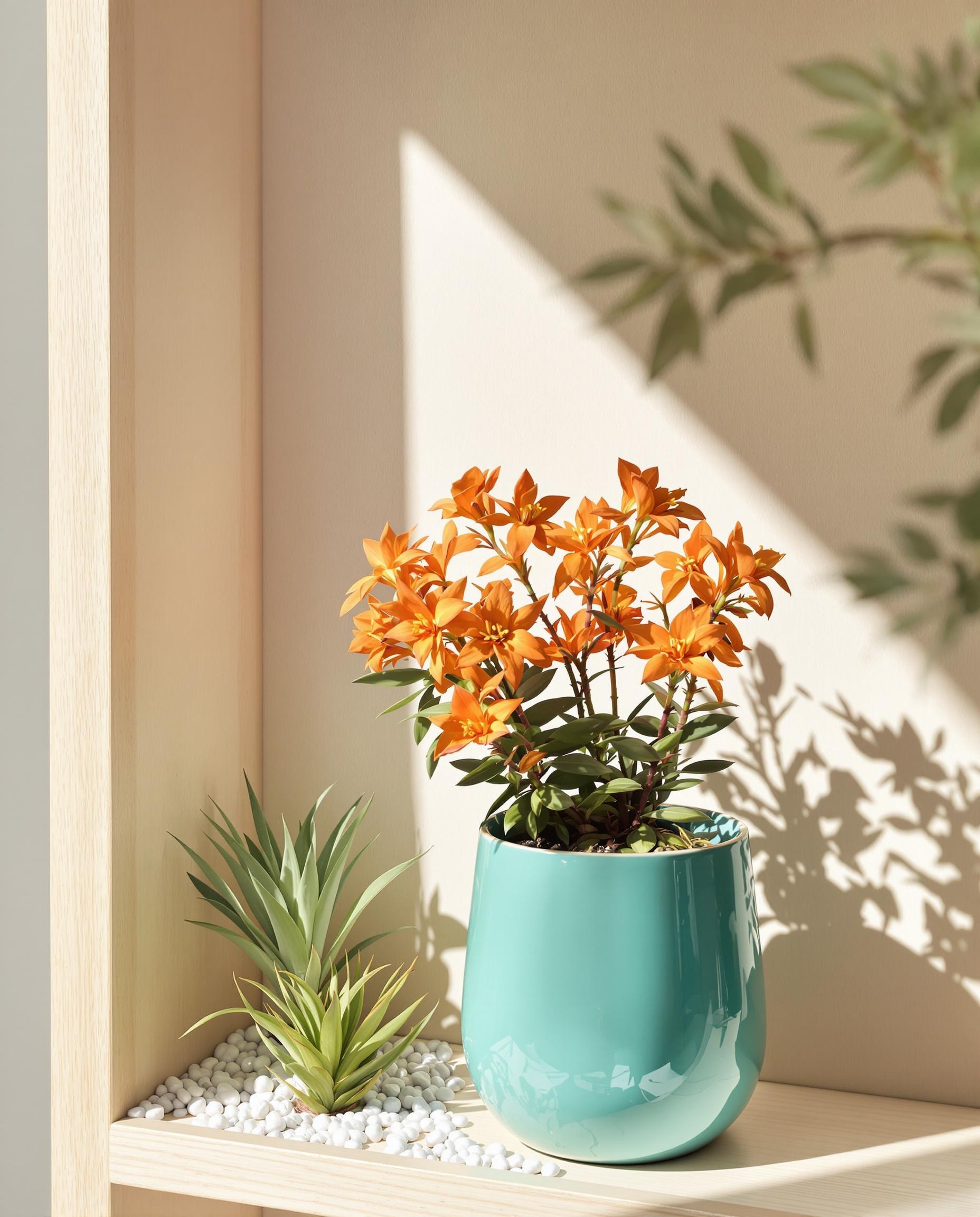 Mise en scène intérieure avec un pot turquoise et une floraison orange, entouré de succulentes